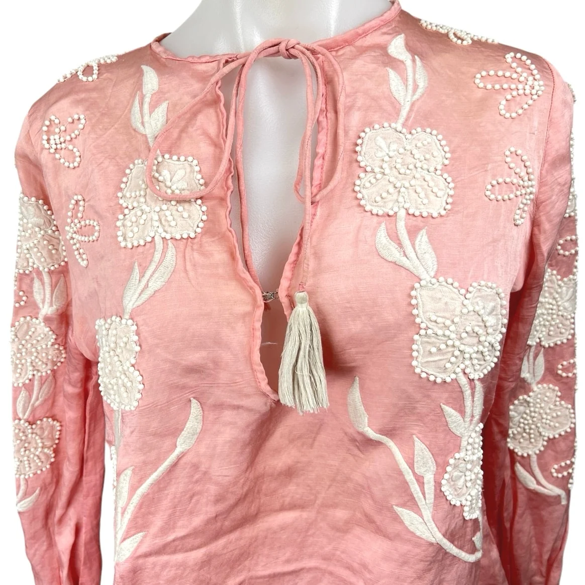 Karina Grimaldi Silk Satin Pink Floral Long Sleeve Embroidered Blouse Top Size S - Image 3