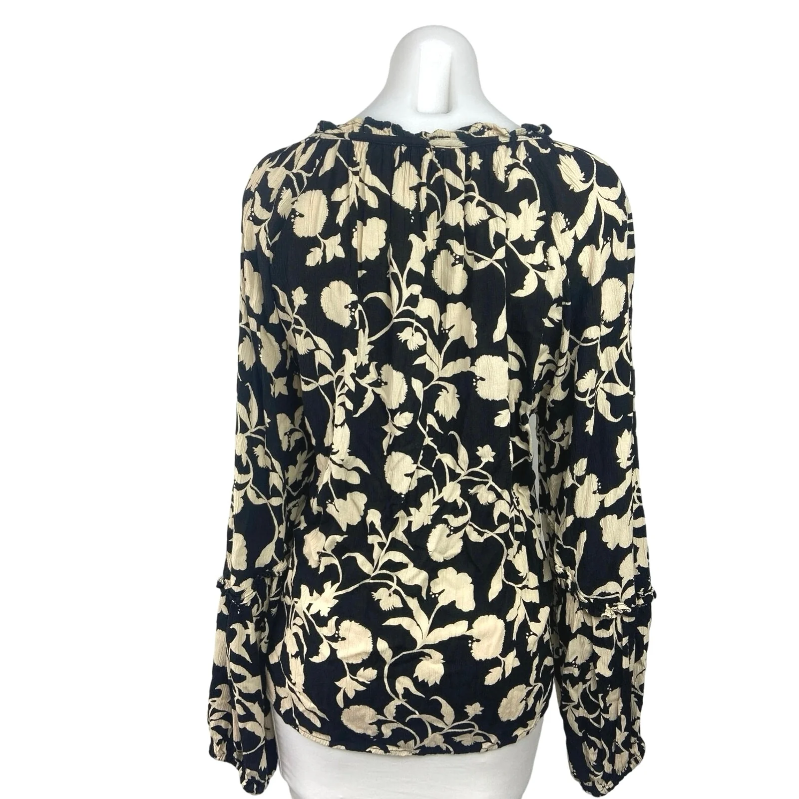 Knox Rose Black Floral Print Ruffle Tie Neck Balloon Long Sleeve Blouse Top Sz L - Image 2
