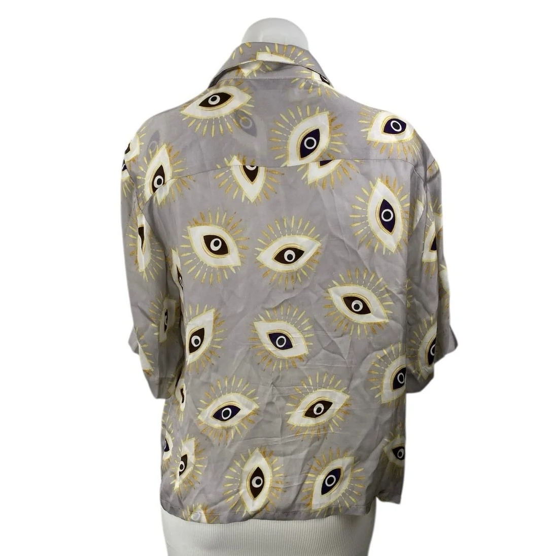 Kyle x Shahida 100% Silk Evil Eye Collared Half Sleeve Button Down Shirt Top L - Image 2