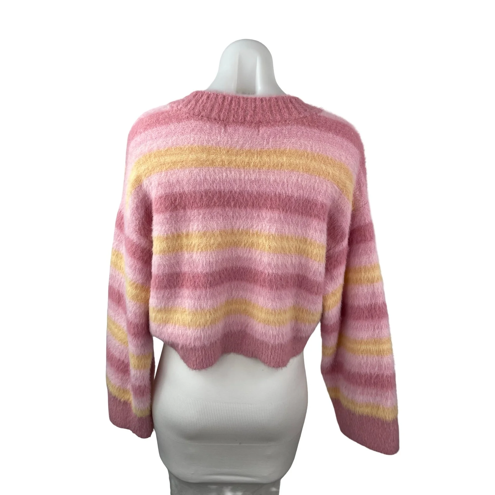 L Space Pink Yellow Striped Long Sleeve Cropped Button Up Cardigan Sweater XS - Image 4