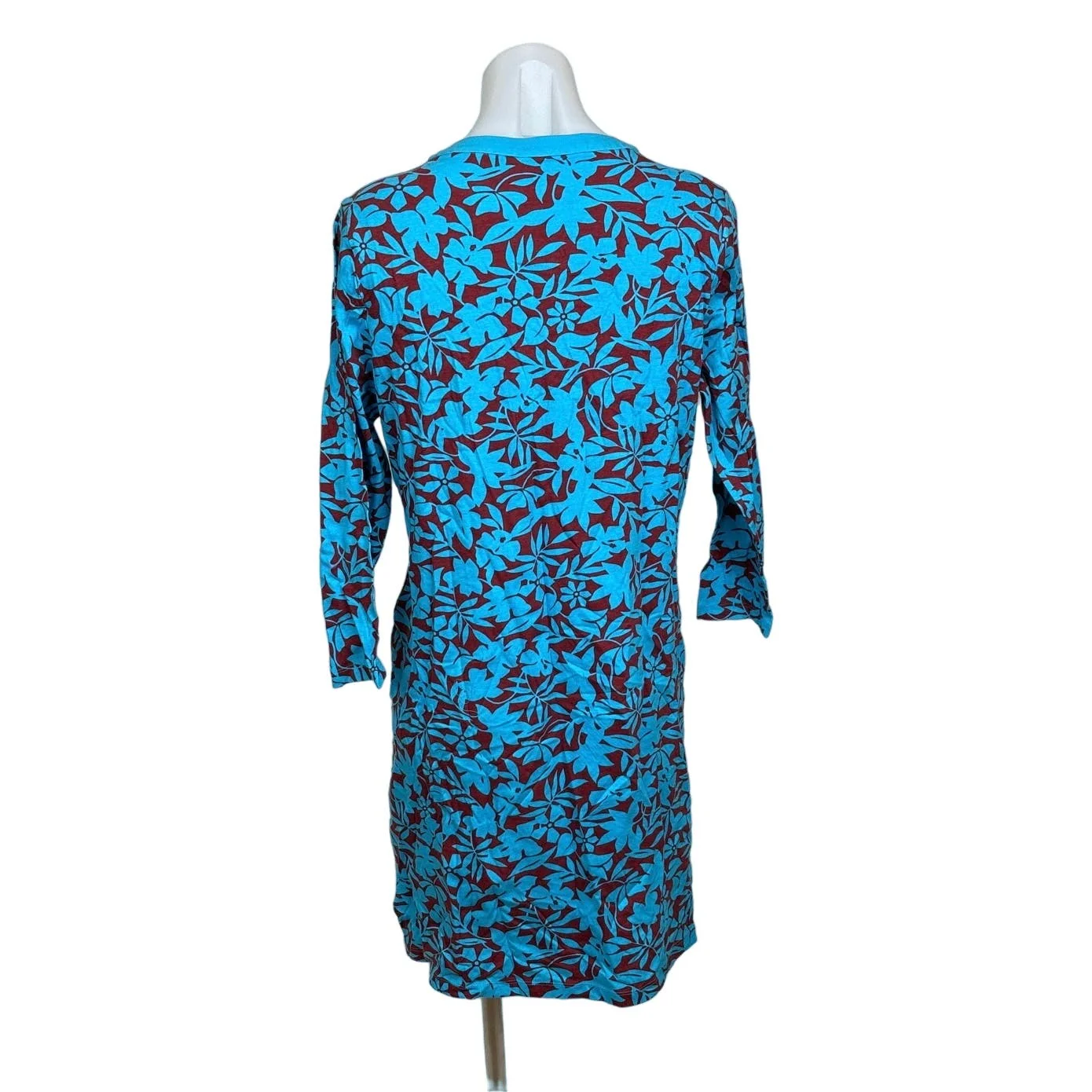Lands' End Blue Red Floral Print Split V-neck Knee Length Long Sleeve Dress Sz M - Image 3