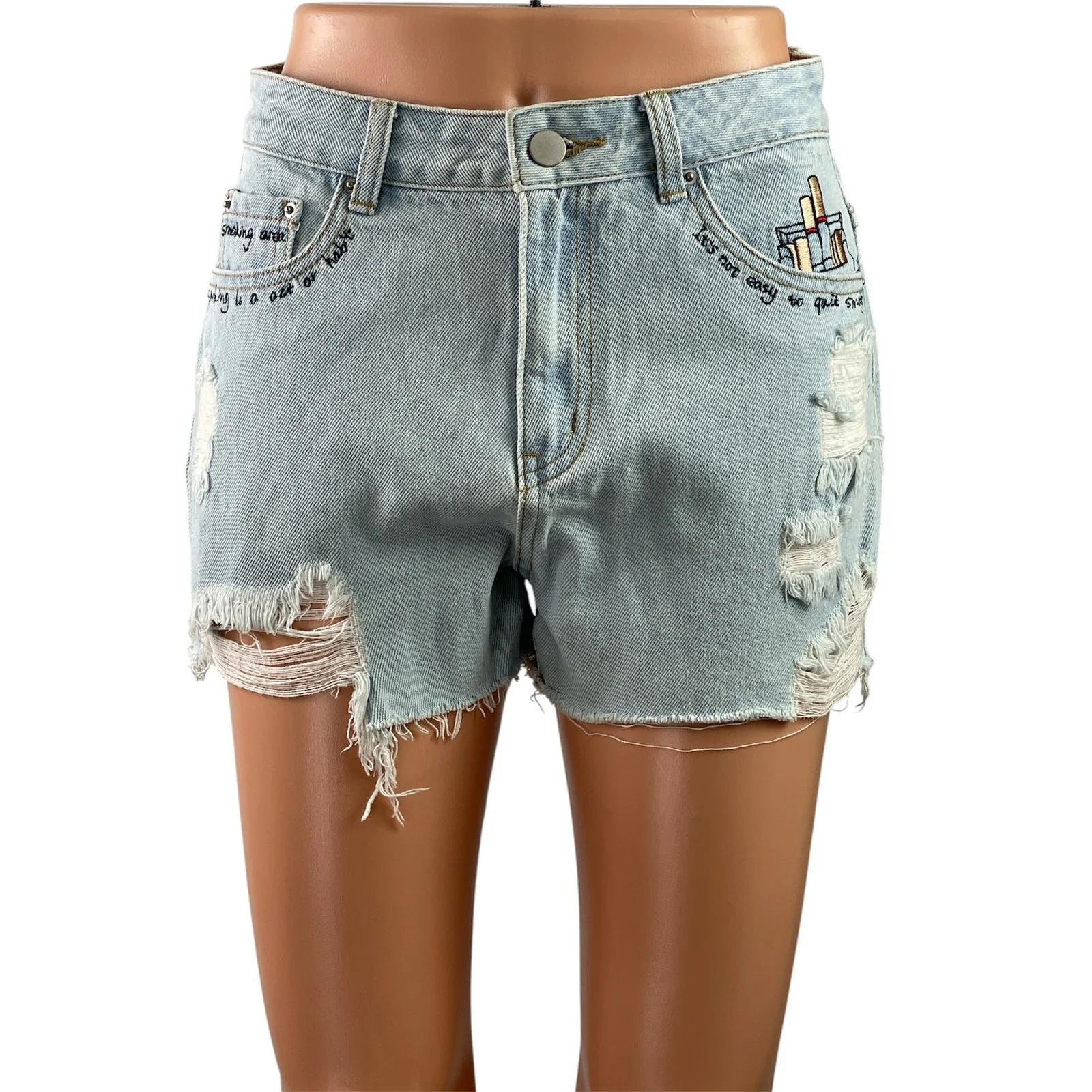 Ledin Love Blue Distressed Embroidered High Rise Cut Off Denim Jeans Shorts M