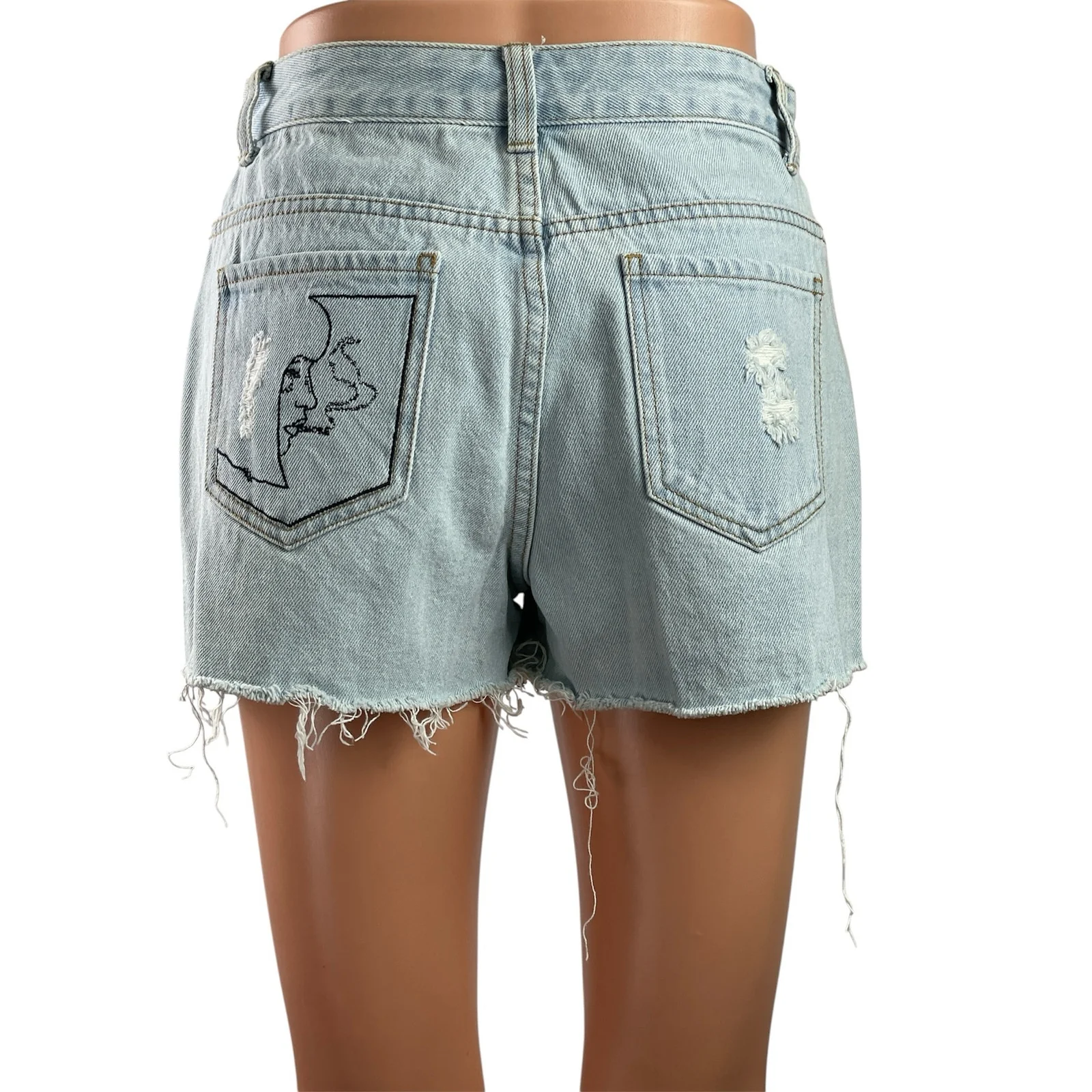 Ledin Love Blue Distressed Embroidered High Rise Cut Off Denim Jeans Shorts M - Image 3