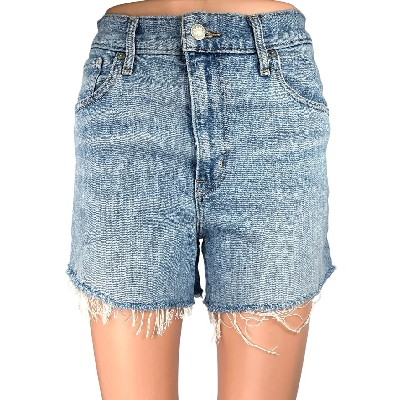 Levi's Women's Blue High Waist Medium Wash Denim Frayed Raw Hem Jeans Shorts 26