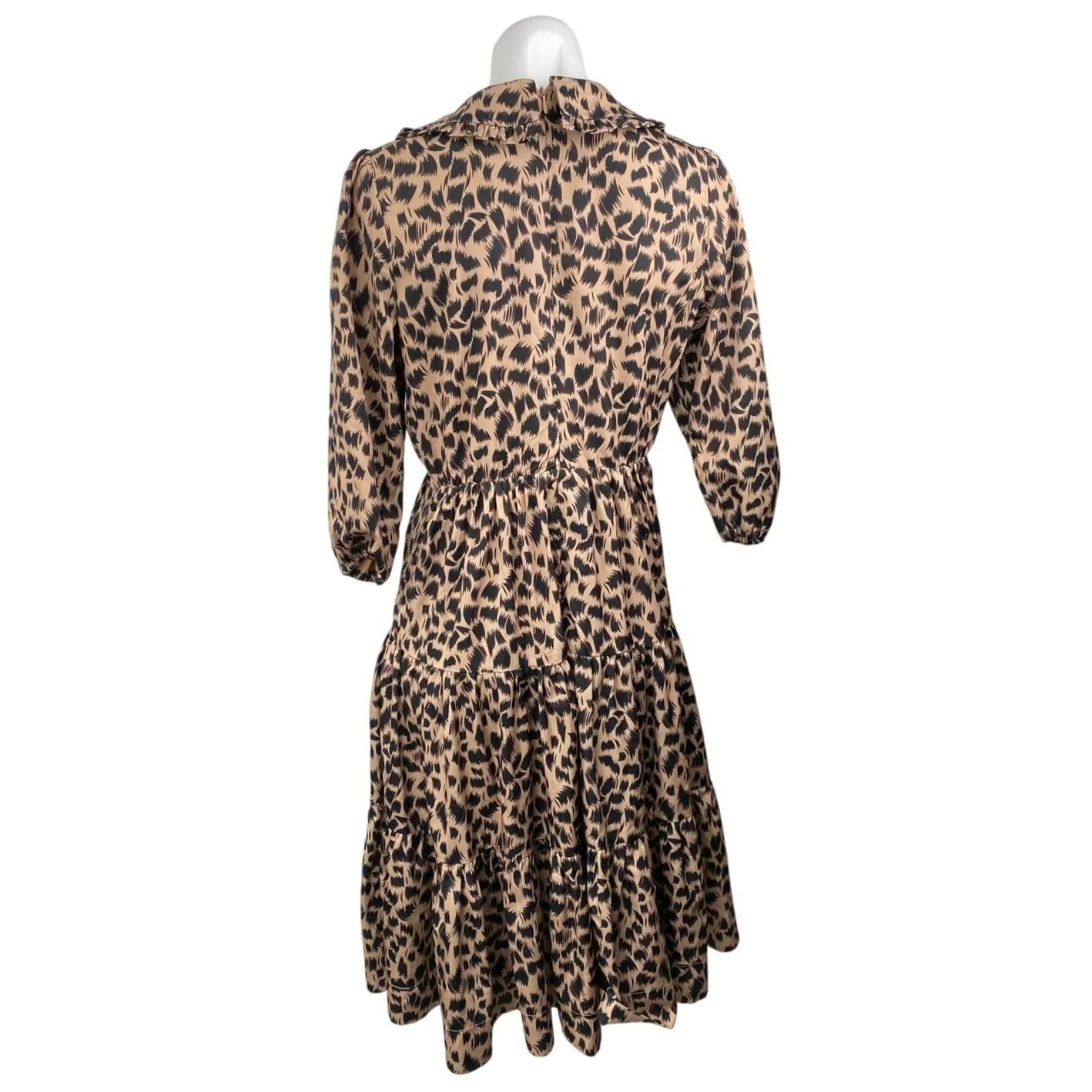 Lilac Brown Leopard Animal Print Collared Puff 3/4 Sleeve A-Line Midi Dress XS - Image 3