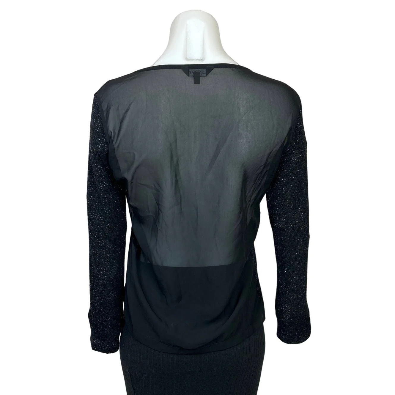 Limited Women's Black Sparkling Glitter Mesh Back Semi Sheer Long Sleeve Top 10 - Image 3