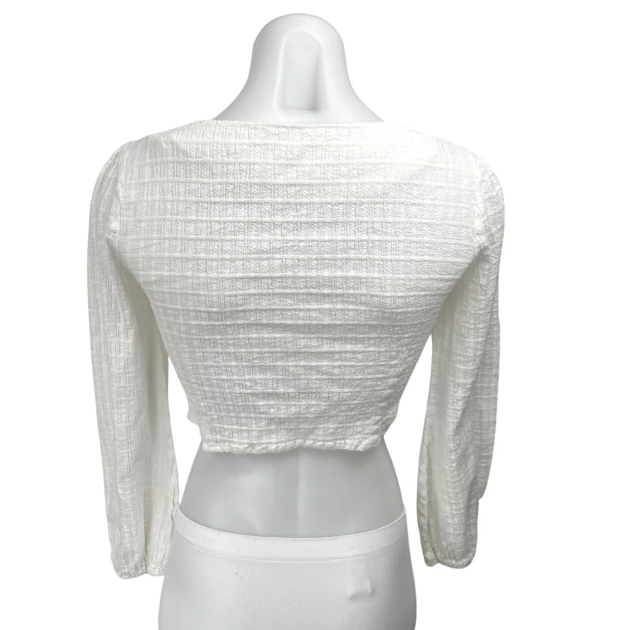 Line & Dot Fall For You White Long Puff Sleeve V-neck Button Crop Blouse Top XS - Image 2