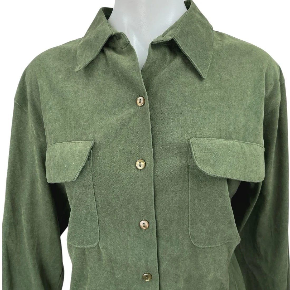 Liz Thomas Women's Green Faux Suede Long Sleeve Collar Button Down Shirt Top L - Image 3