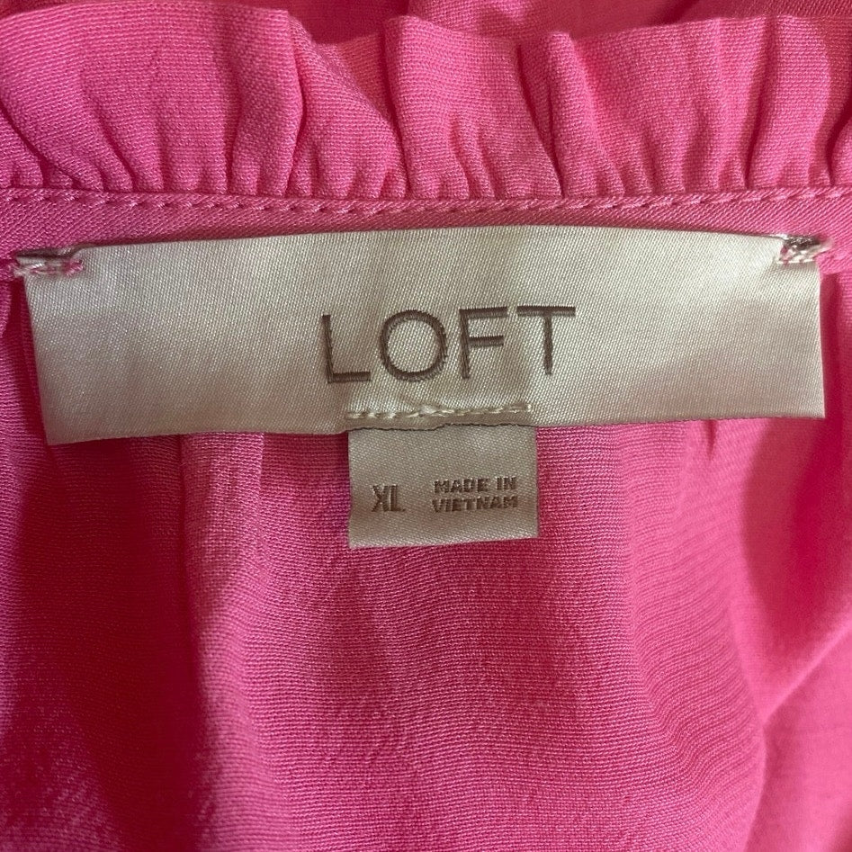 Loft Pink Tiered Ruffle Short Sleeve Button Up Mini Flare A-Line Shift Dress XL - Image 5