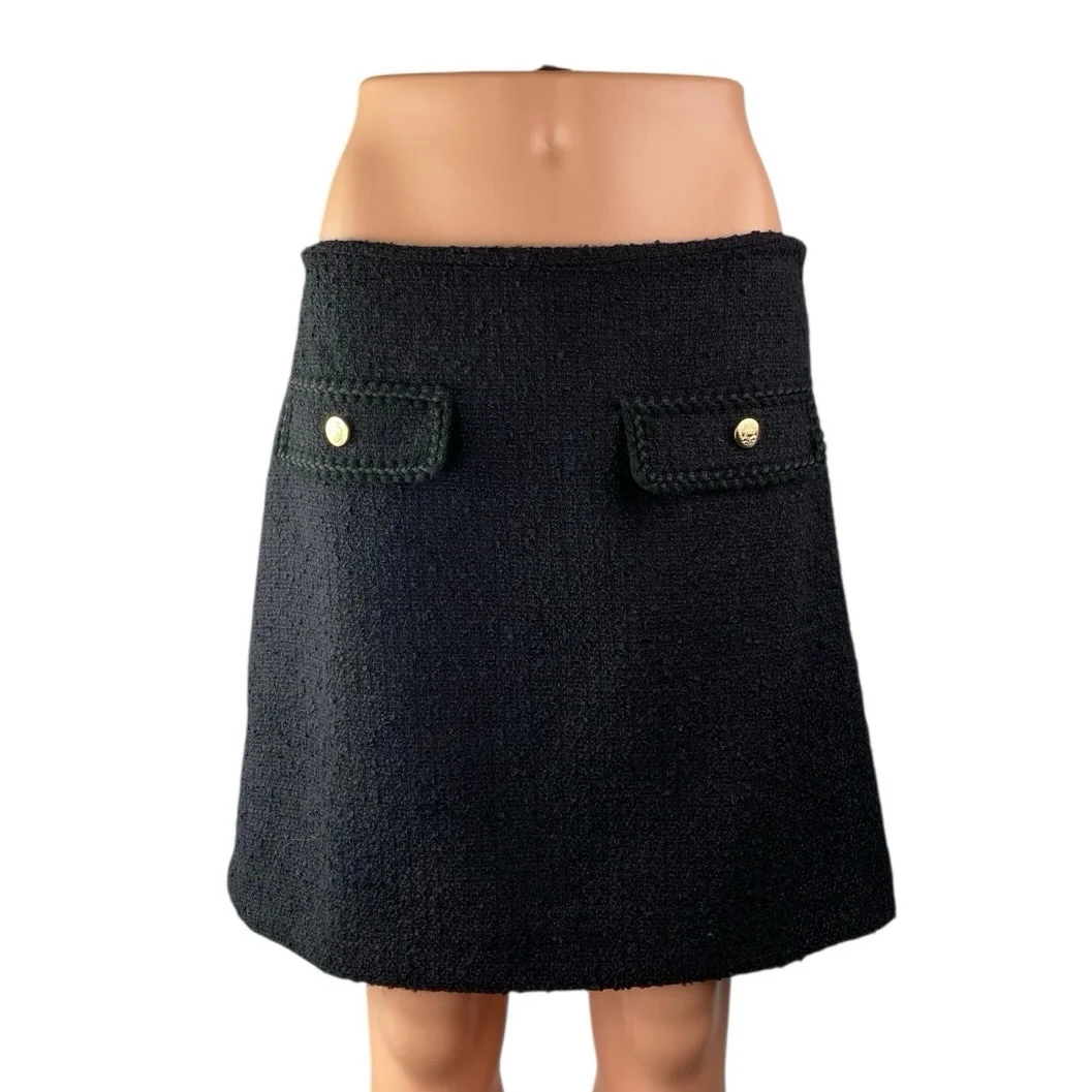 LOFT Womens Black Bouche Tweed High Waist Mini Gold Button Pocket A-Line Skirt 8