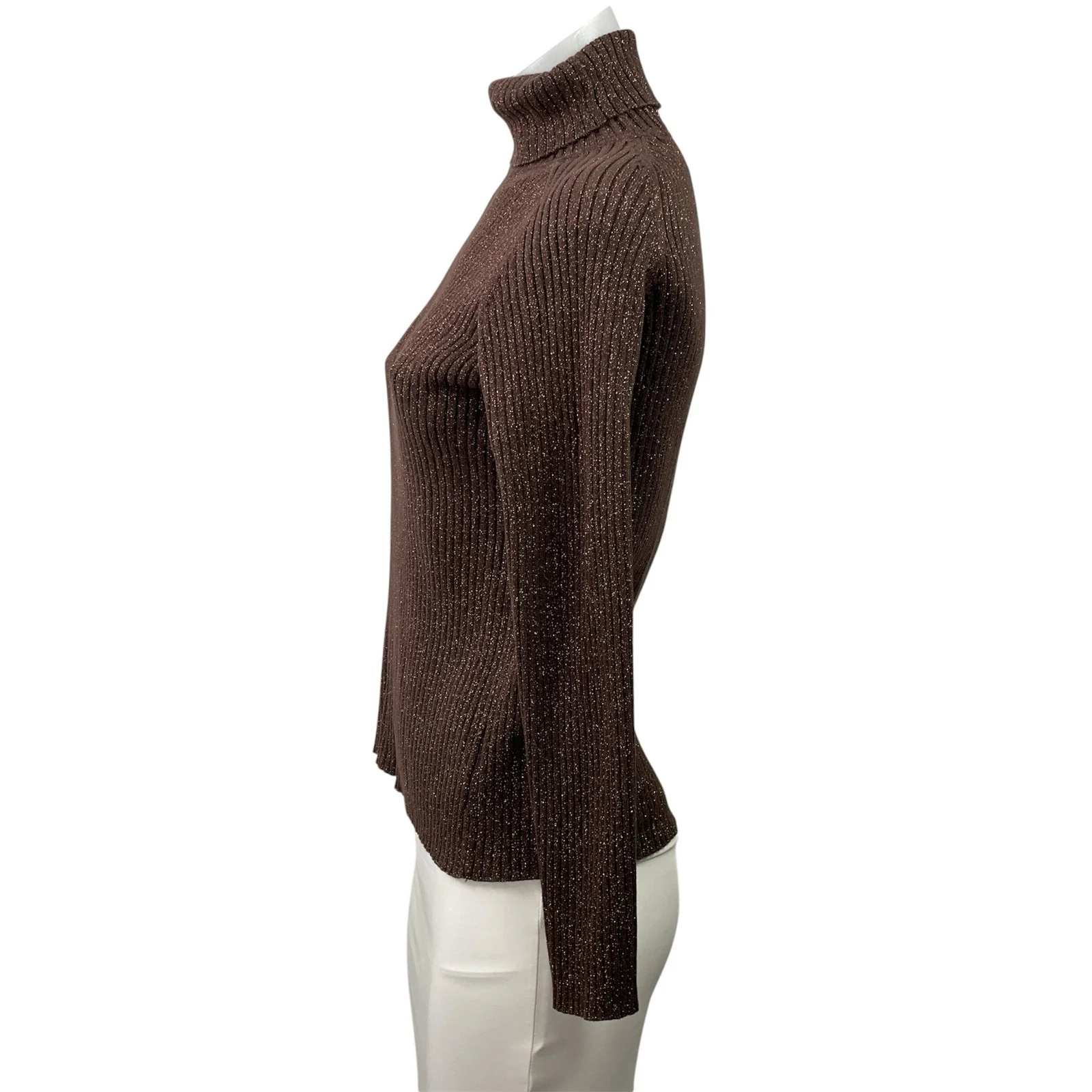 Lord & Taylor Women's Brown Glitter Ribbed Knit Turtleneck Long Sleeve Sweater S - Image 2