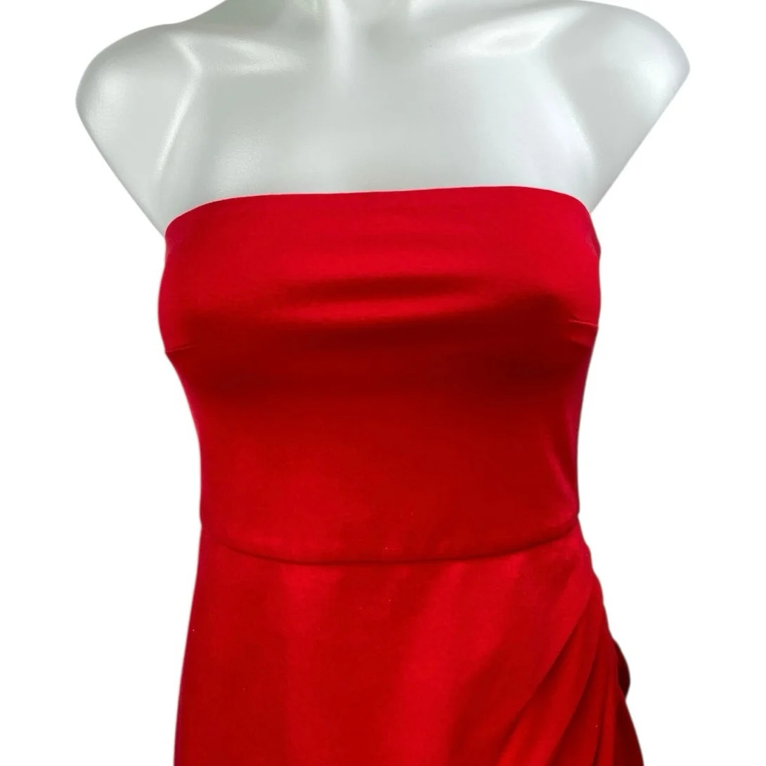 Lulus Red Strapless Sleeveless Bandeau Drape Tube Slit Sheath Maxi Dress Size S - Image 3