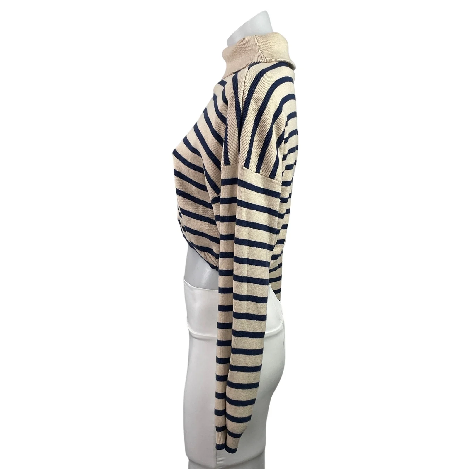 Lulus Womens Beige Black Striped Turtleneck Long Sleeve Cropped Sweater Top Sz S - Image 2