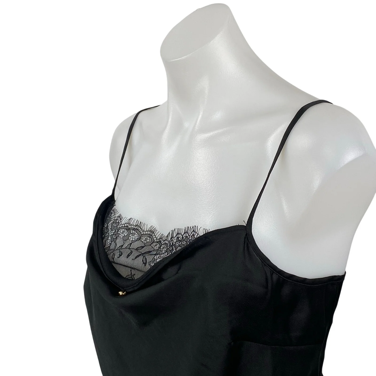 Lulus Women's Black Silky Satin Lace Trim Cowl Neck Sleeveless Cami Tank Top XL - Image 2