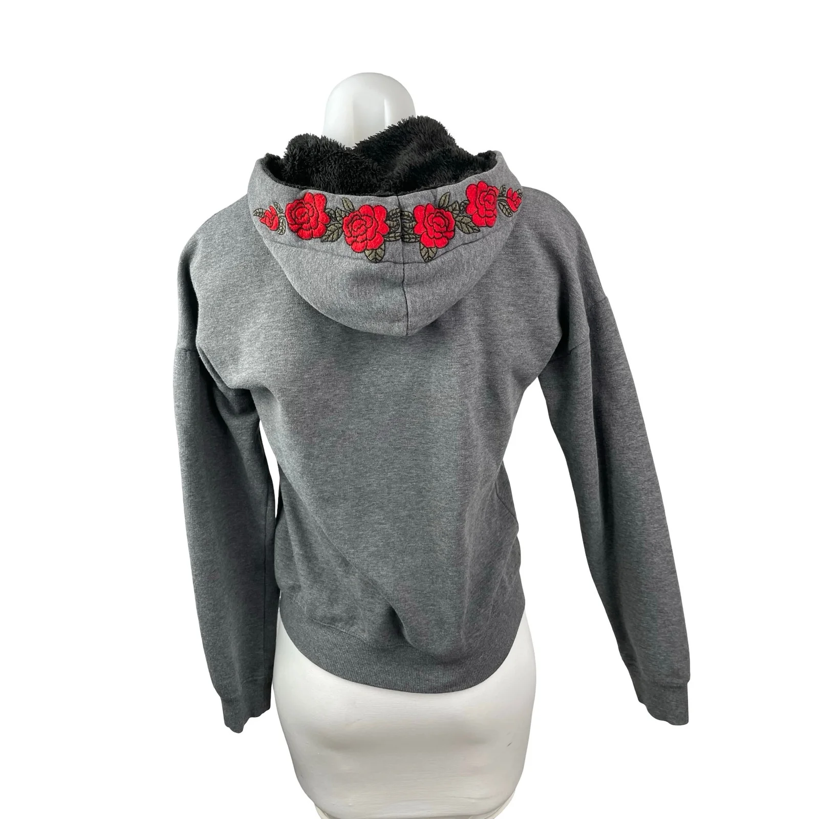 Madame Women's Gray Rose Floral Embroidery Long Sleeve Sweater Hoodie Jacket M - Image 4