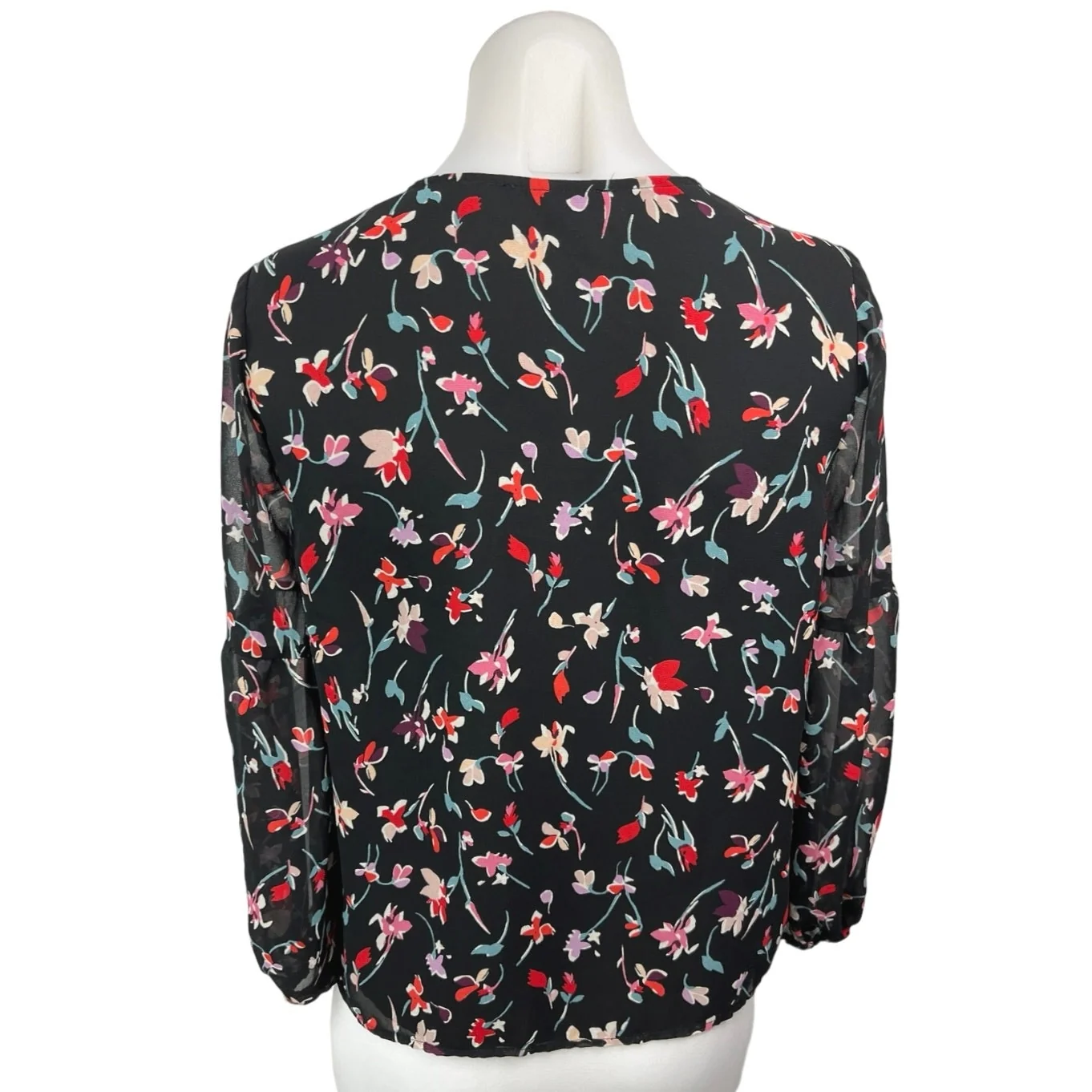Madewell Drifting Flowers Black Floral Shirred Sleeve V-Neck Blouse Top Size XS - Image 2