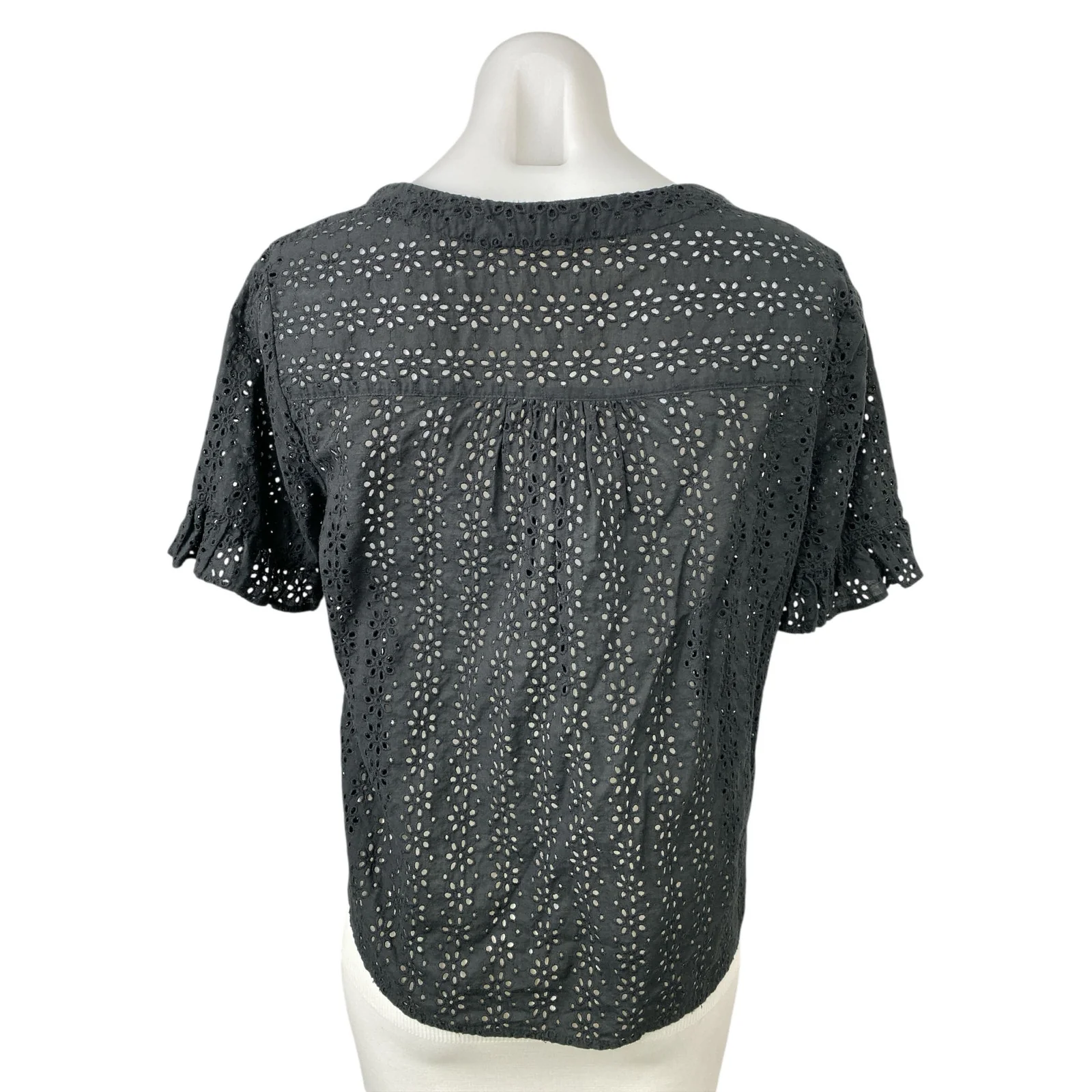 Madewell Eyelet Village Black Ruffled Short Sleeve Button Up Shirt Blouse Top S - Image 2