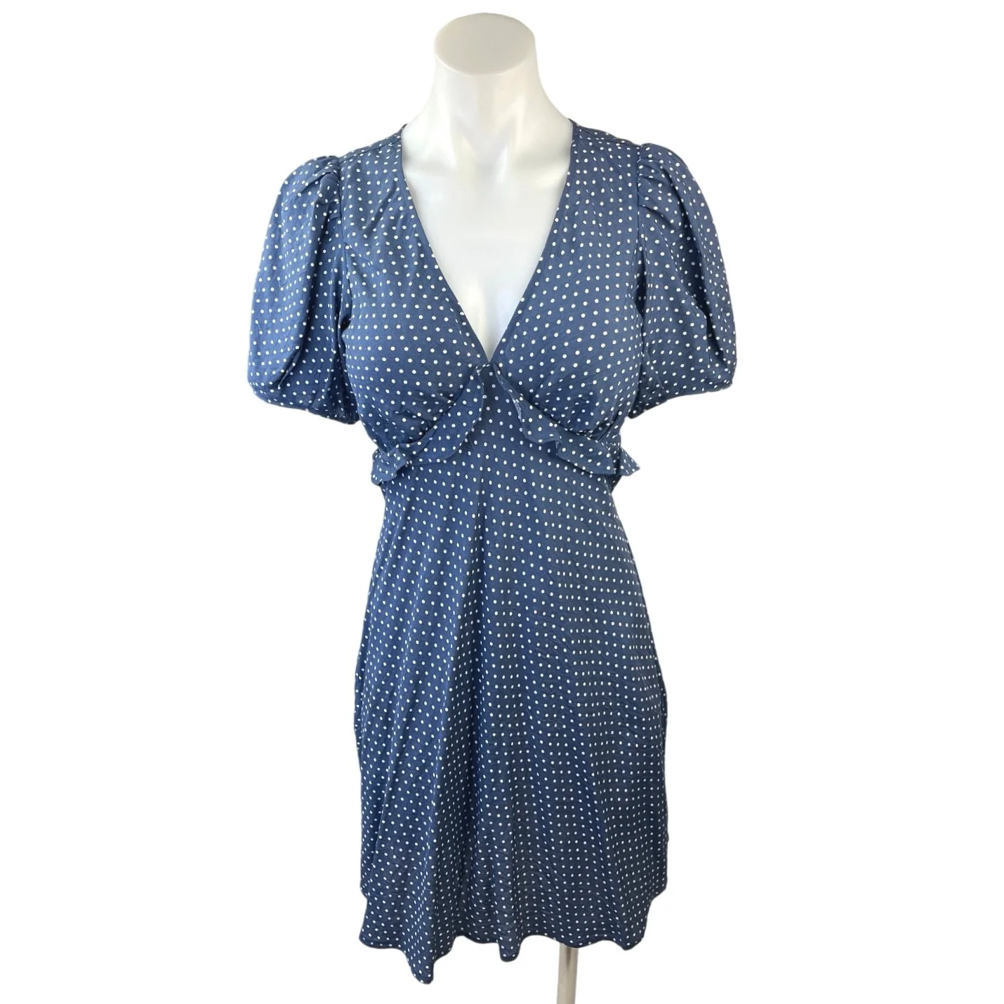 Madewell Mollie Navy Blue Polka Dots V-neck Puff Sleeve Ruffle Mini Dress Size 0