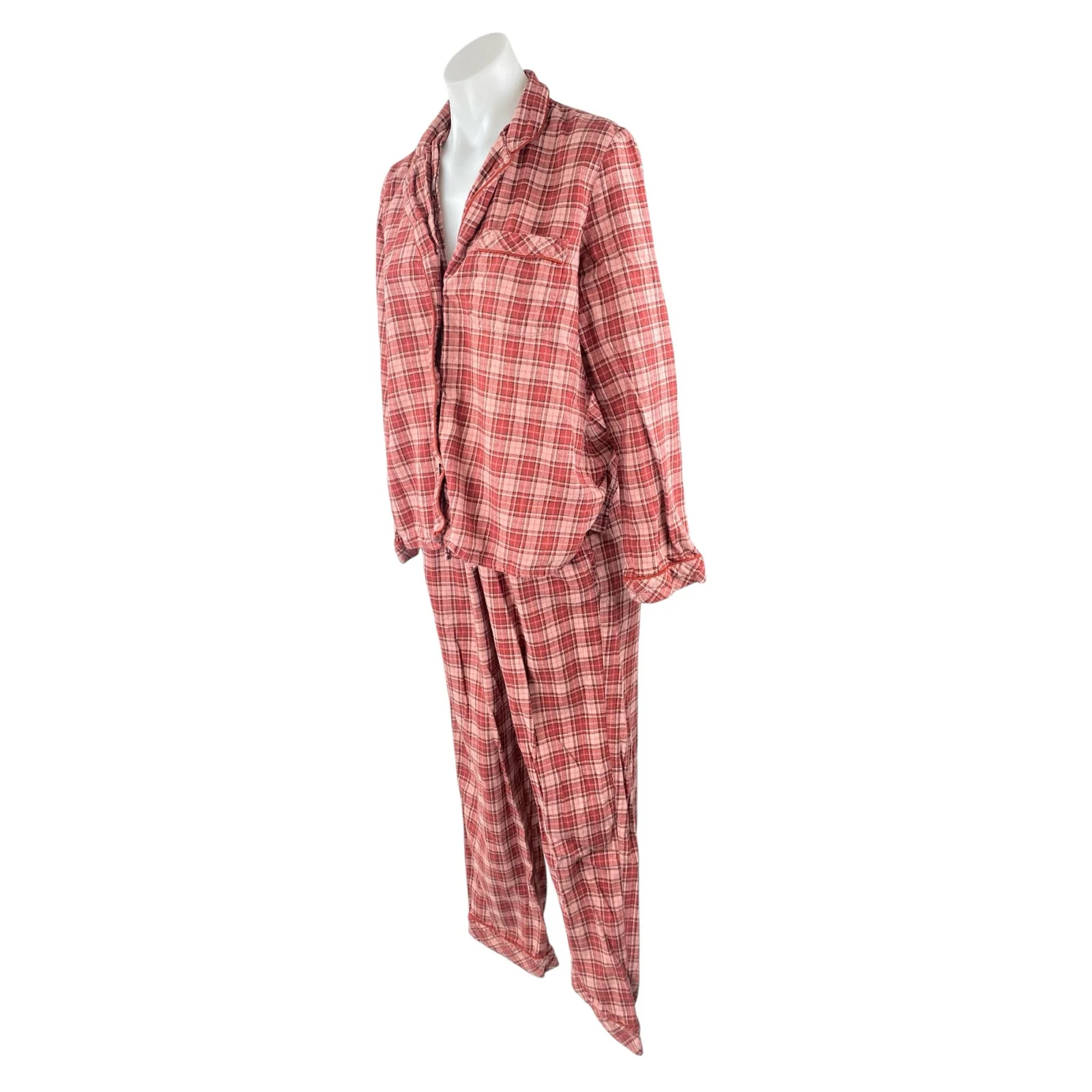 Madewell Red Plaid Check Button Down Long Sleeve Wide Leg Sleepwear Pajama Set M - Image 2