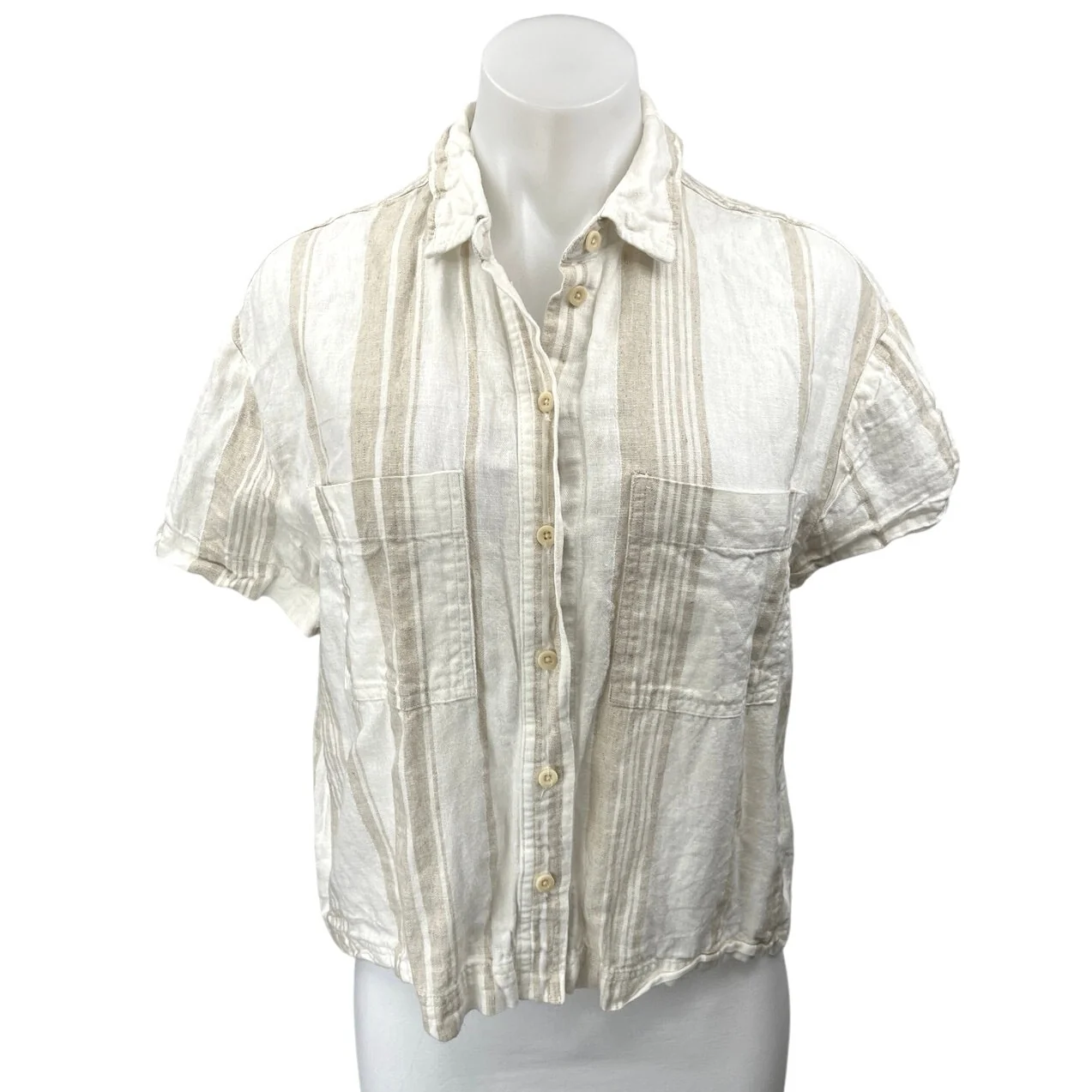 Madewell White Beige Linen Striped Pocket Cropped Button Down Shirt Top Size XS