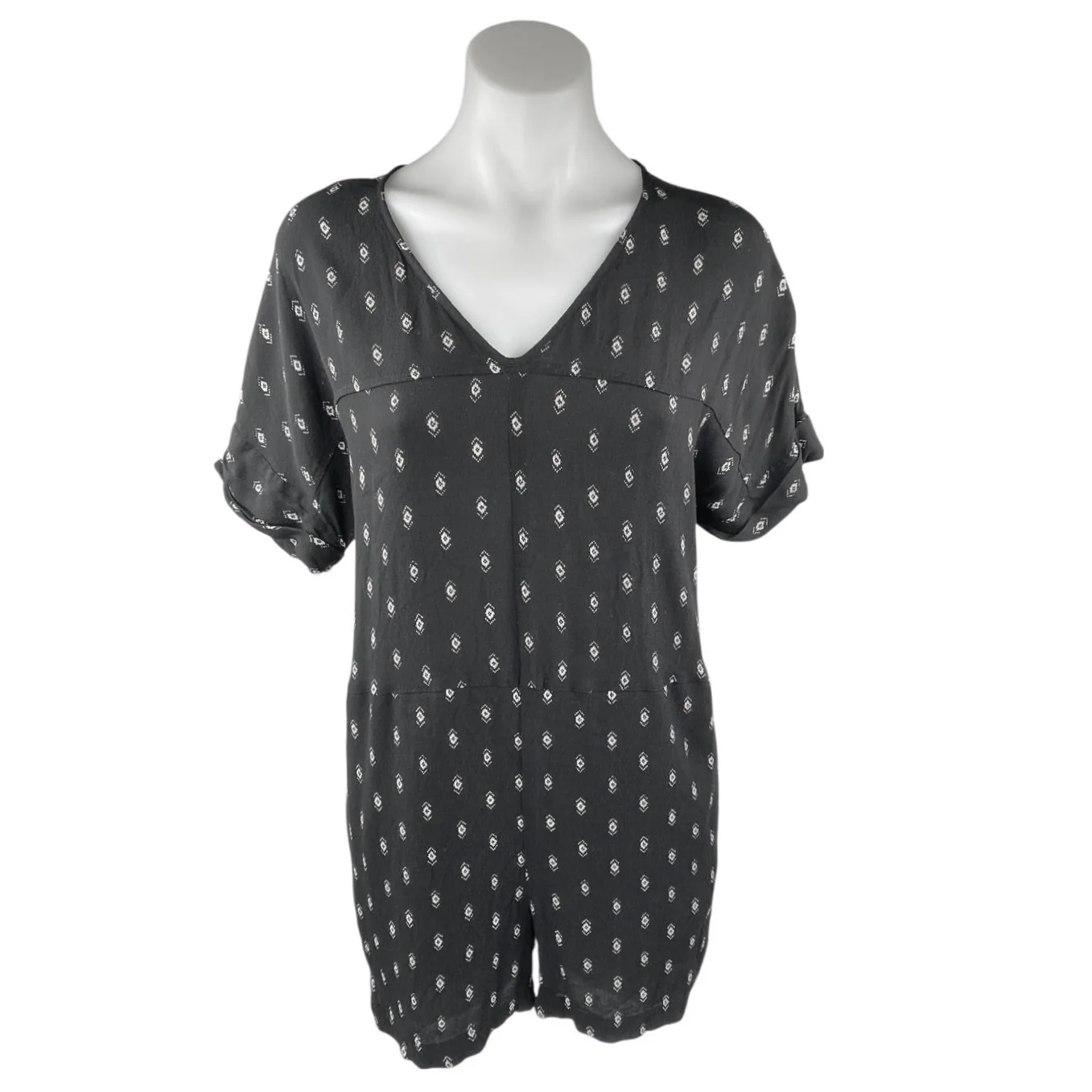 Madewell Women's Black White Geometric Short Sleeve V Neck Romper Shorts XS