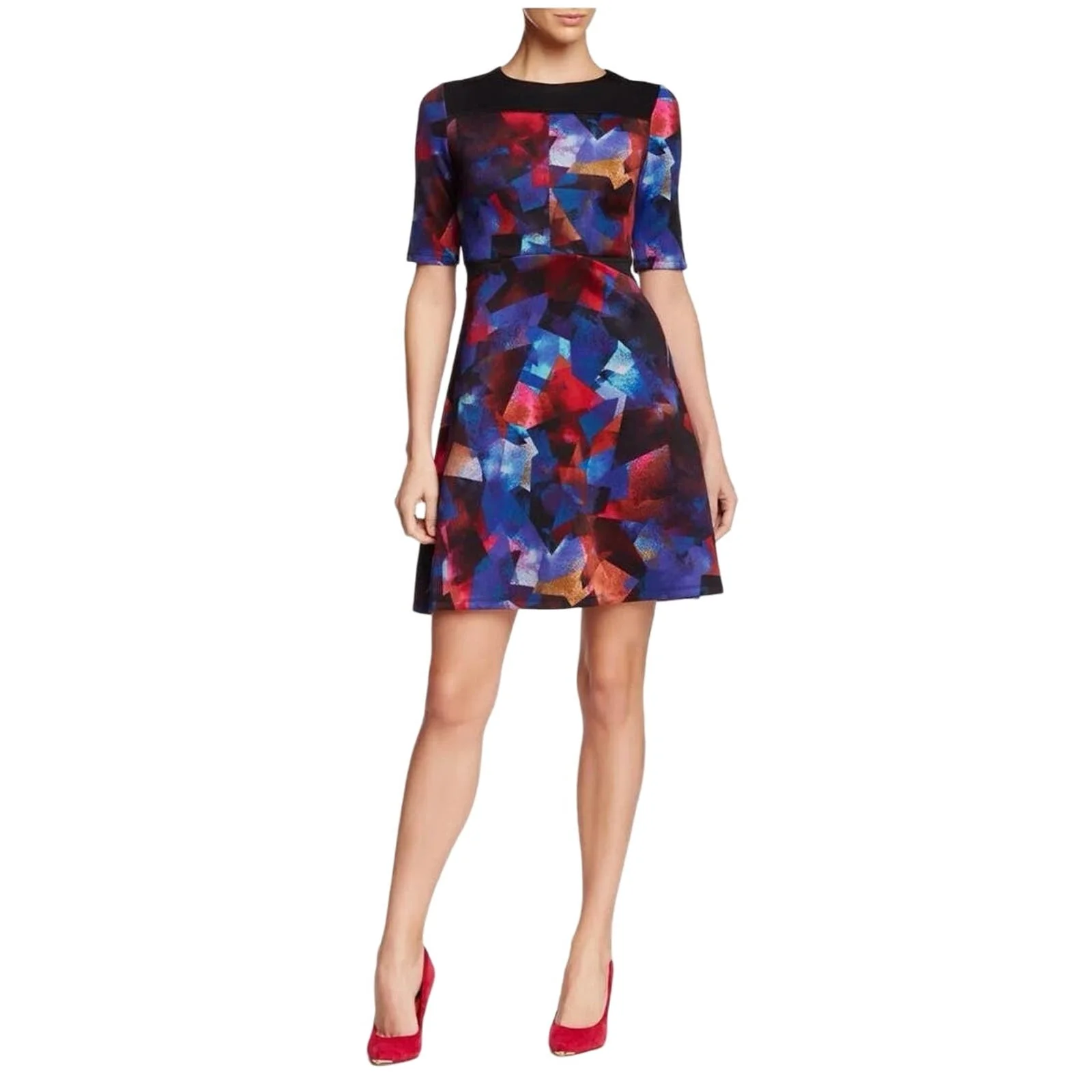 Maggy London Scuba Multicolor Blue Red Abstract Crew Neck A Line Mini Dress Sz 6 - Image 2