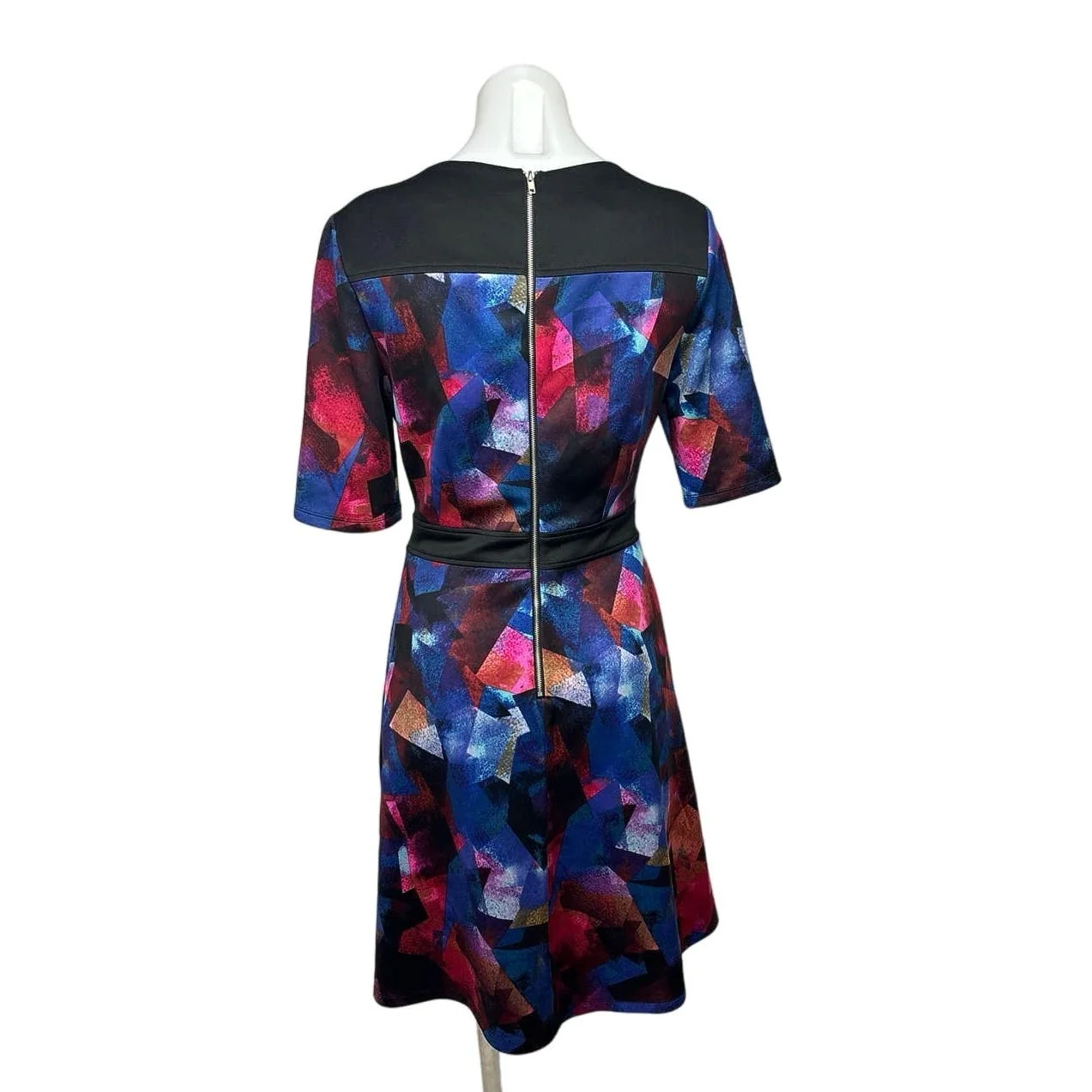 Maggy London Scuba Multicolor Blue Red Abstract Crew Neck A Line Mini Dress Sz 6 - Image 5
