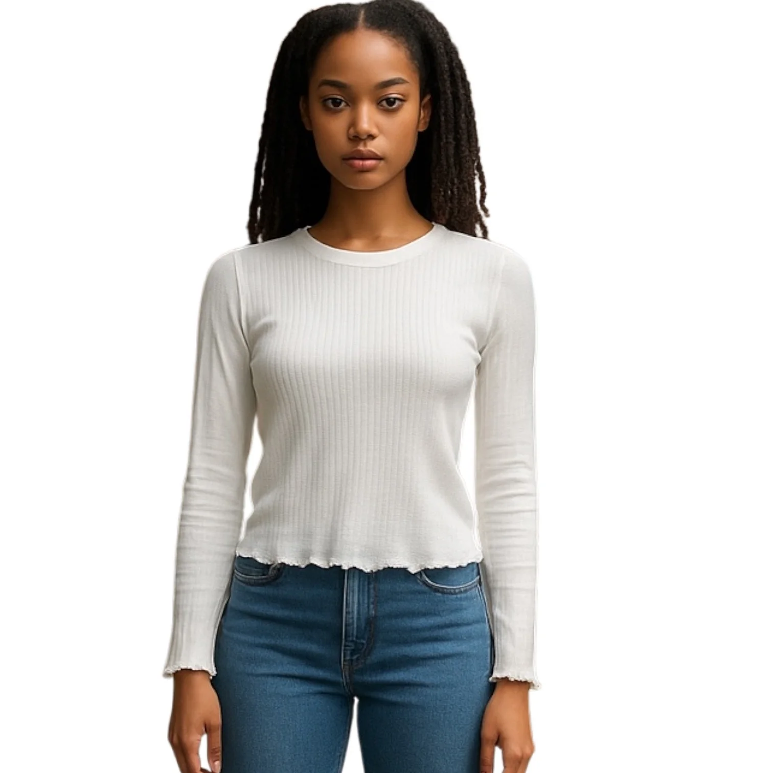 Mango MNG White Ribbed Knit Long Sleeve Crew Lettuce Hem T Shirt Tee Top Size S - Image 2