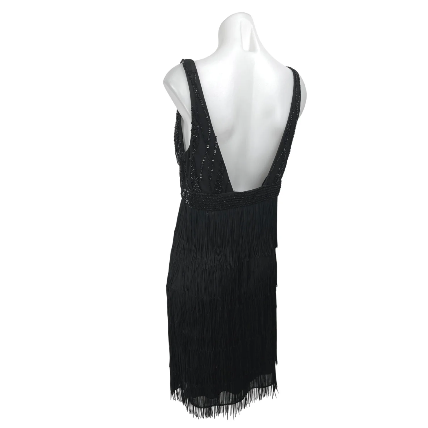 Marina Black Sequin Sleeveless Deep V-Neck Fringe Tank Sheath Mini Dress Size 10 - Image 2