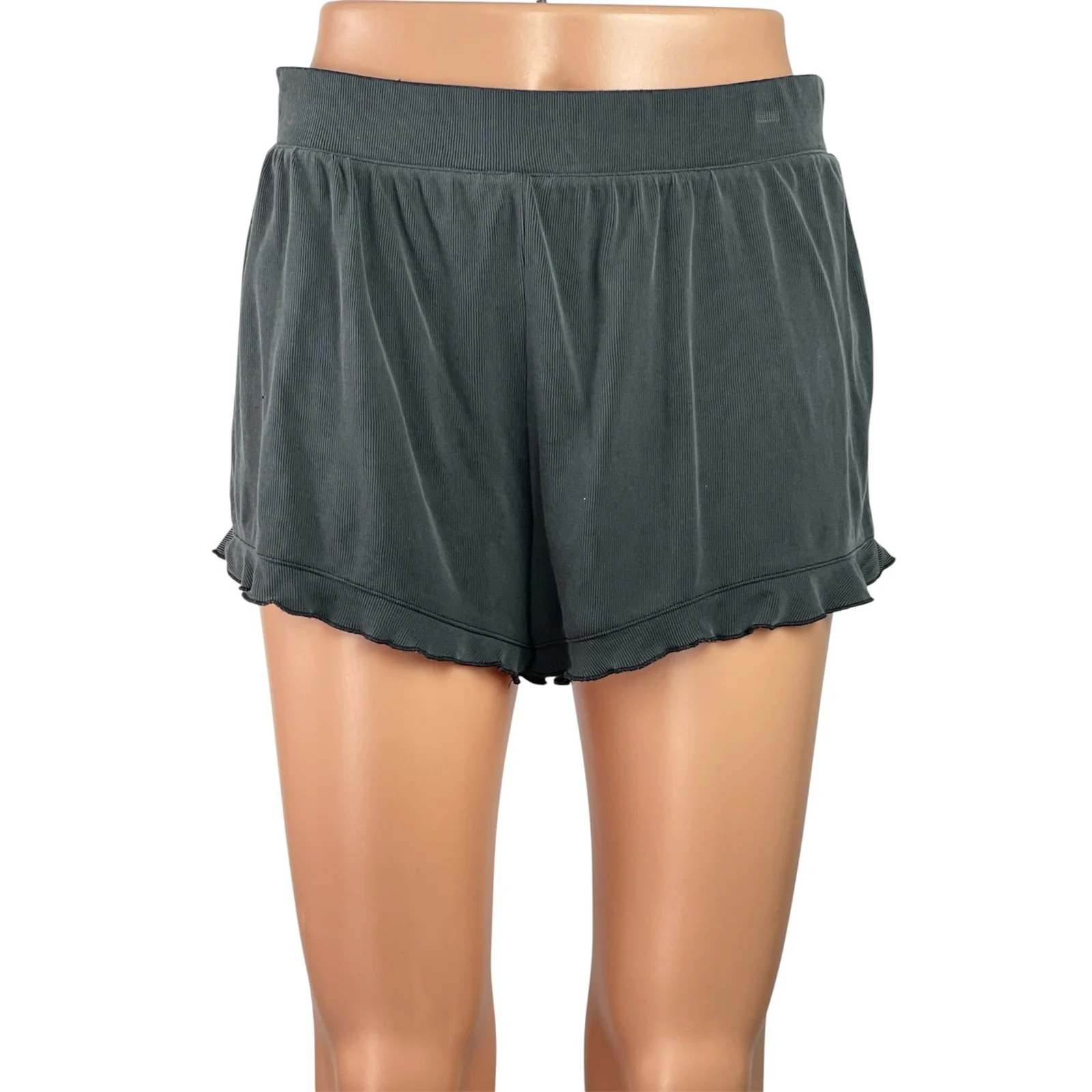 Marine Layer Women's Black Ribbed Knit Ruffle Pull On Lounge Mini Shorts Size S