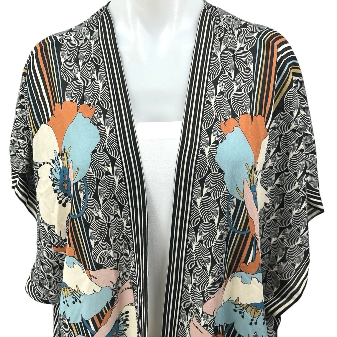 Max Studio Black Floral Striped Kimono Poncho Cardigan Duster Sweater Top Size S - Image 3
