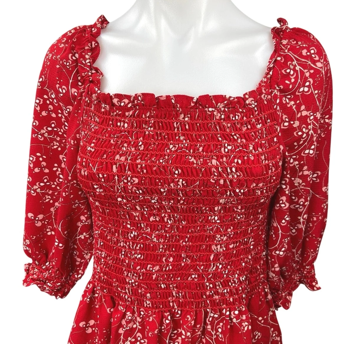 Max Studio Red Floral Ruffle Stretch 3/4 Sleeve Smocked Peplum Blouse Top Size M - Image 3