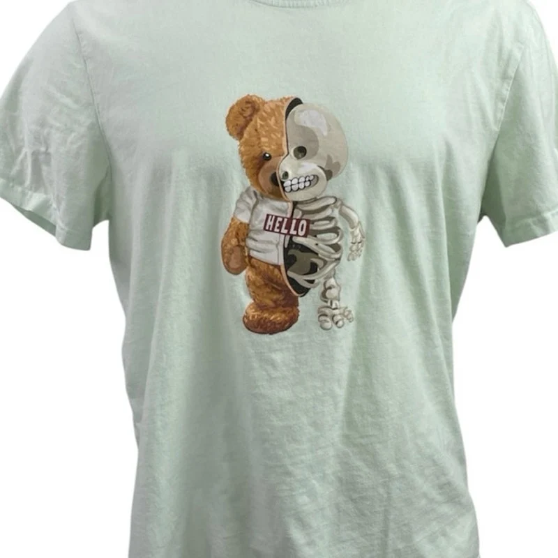 Men's Green Bear Skeleton Skull Graphic Short Sleeve Crew Neck T Shirt Tee Top M - Image 4