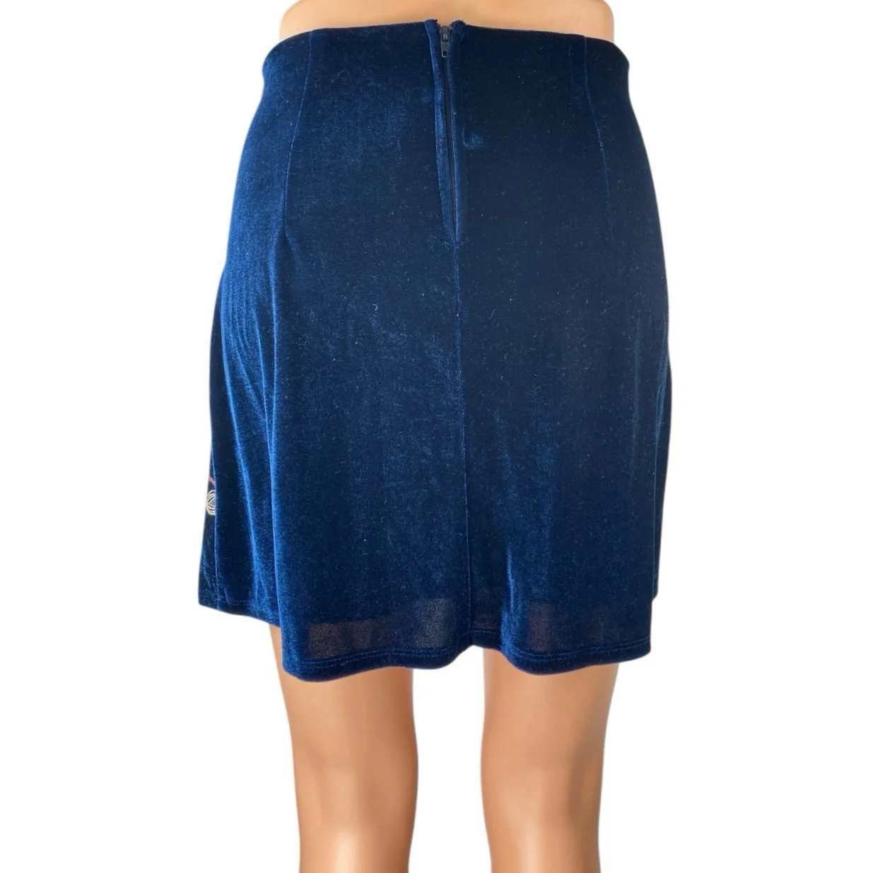 Mi Ami Women's Blue Floral Velvet Velour High Waist Zipper Mini A-Line Skirt M - Image 3