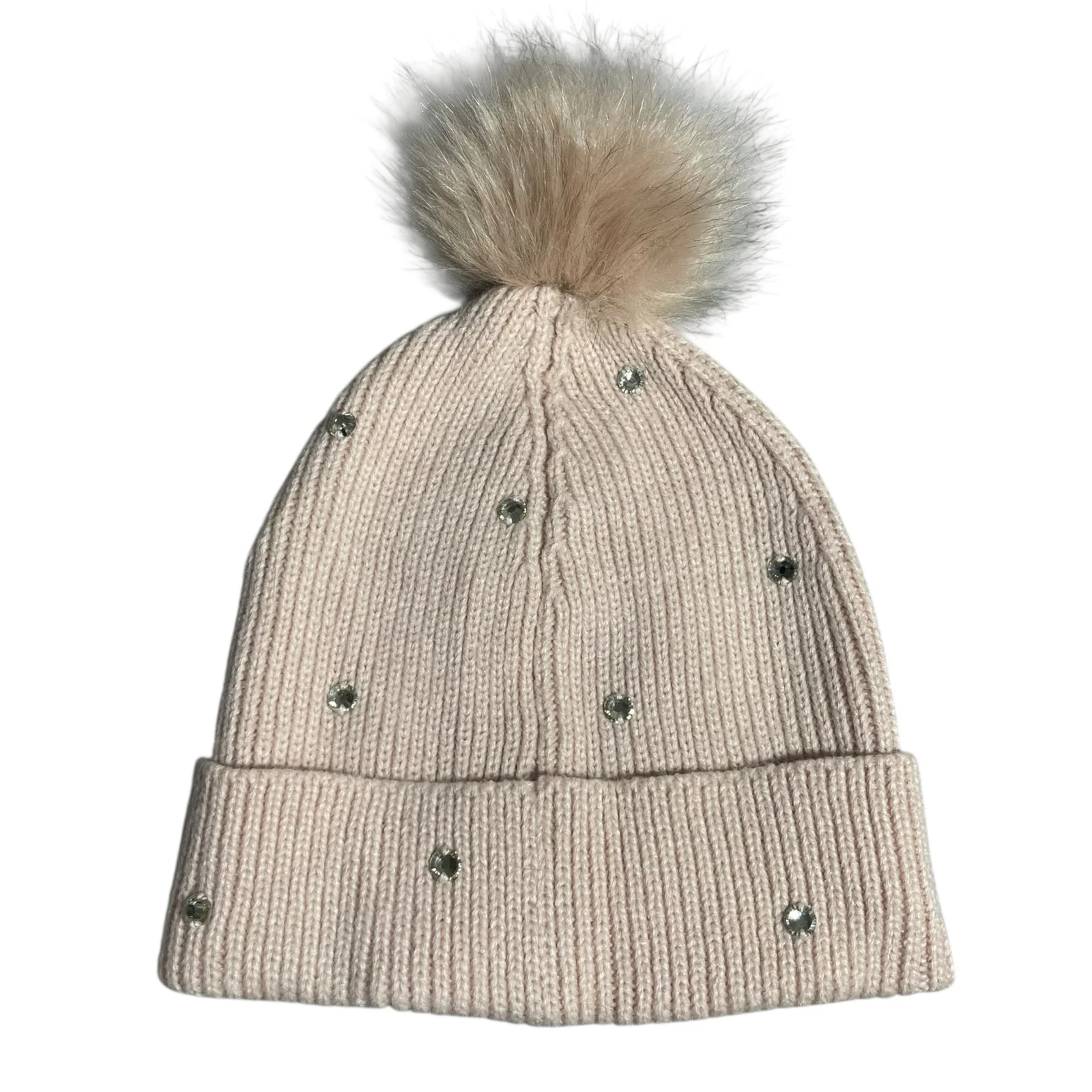 Michael Kors Cream Crystal Rhinestone Embellished Rib Cuff Hat Beanie One Size - Image 2