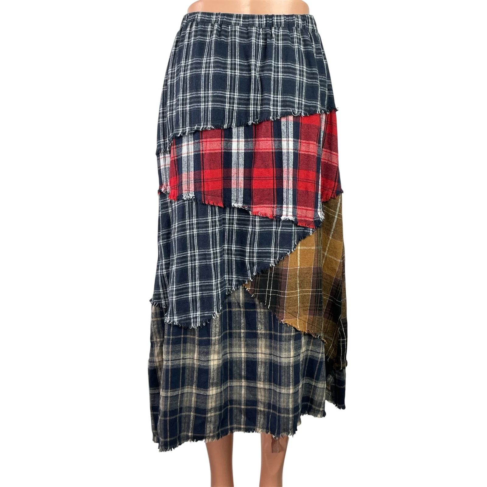 Minga London Multicolor Plaid Patchwork Asymmetric Slit Maxi A-line Skirt Size M - Image 3