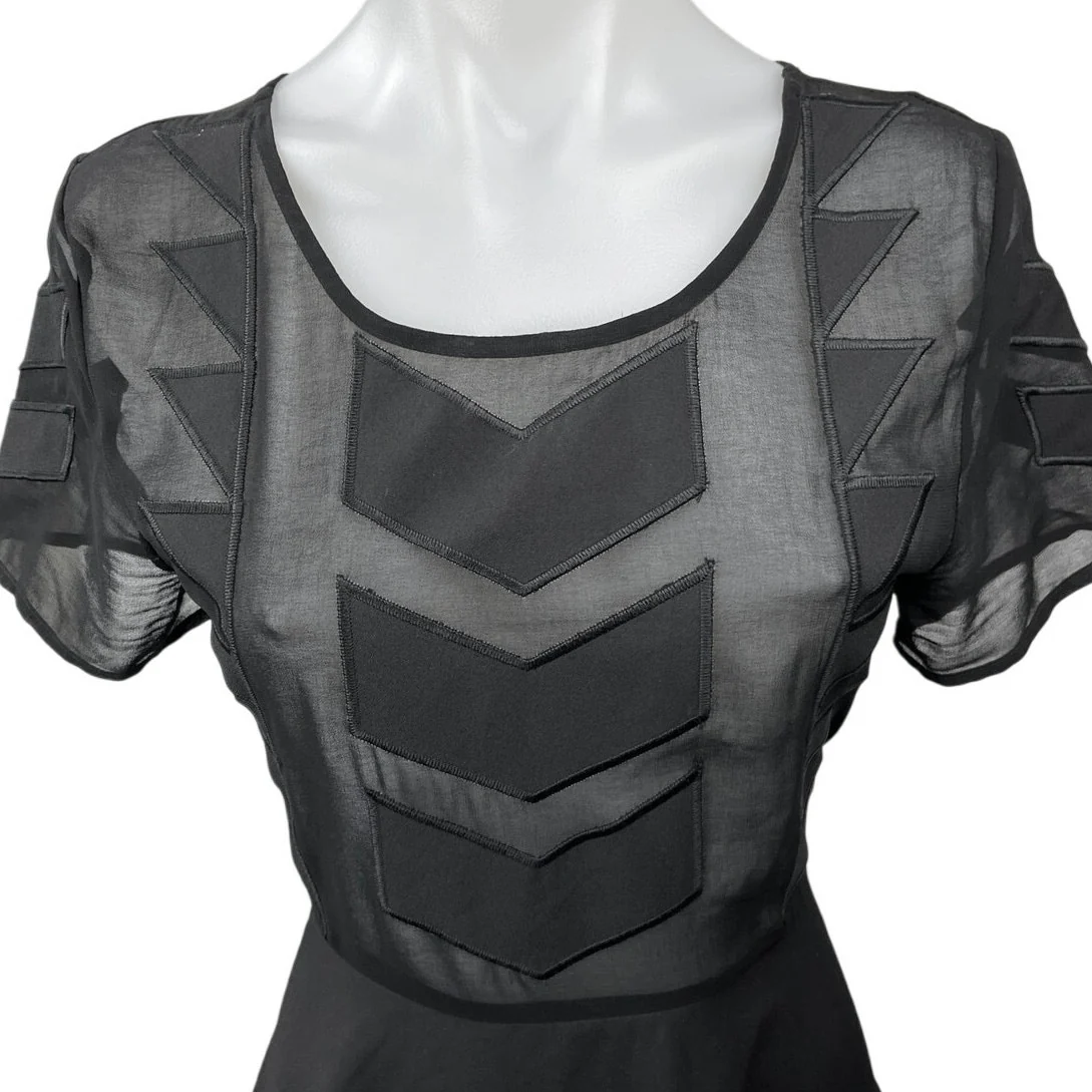 MinkPink Black Zephyr Chevron Embroidered Short Sleeve Sheer A-Line Mini Dress S - Image 3