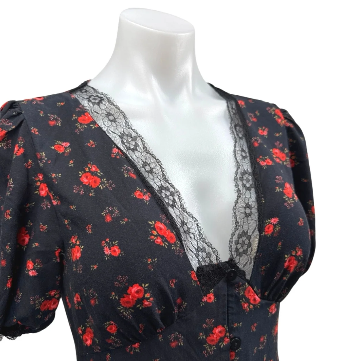Miss Selfridge Black Floral Lace V-Neck Short Puff Sleeve Midi Shirt Dress Sz 4 - Image 3