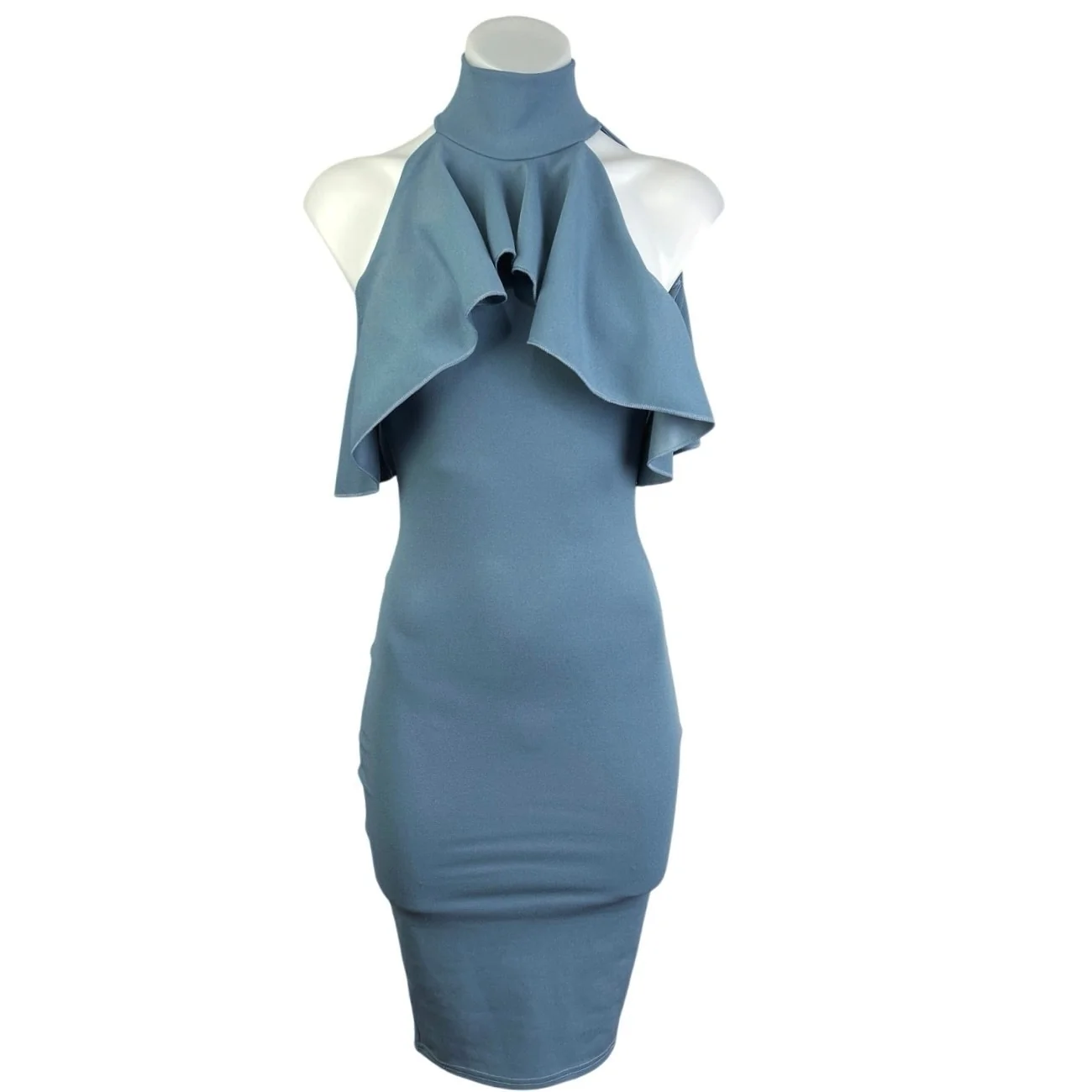 Missguided Blue Sleeveless Halter Mock Neck Ruffle Midi Bodycon Tank Dress Sz 1