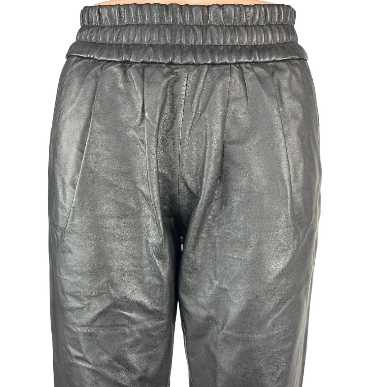 MNG Black Faux Vegan Leather Elastic Waist Pull On Tapered Trousers Pants Size S - Image 4