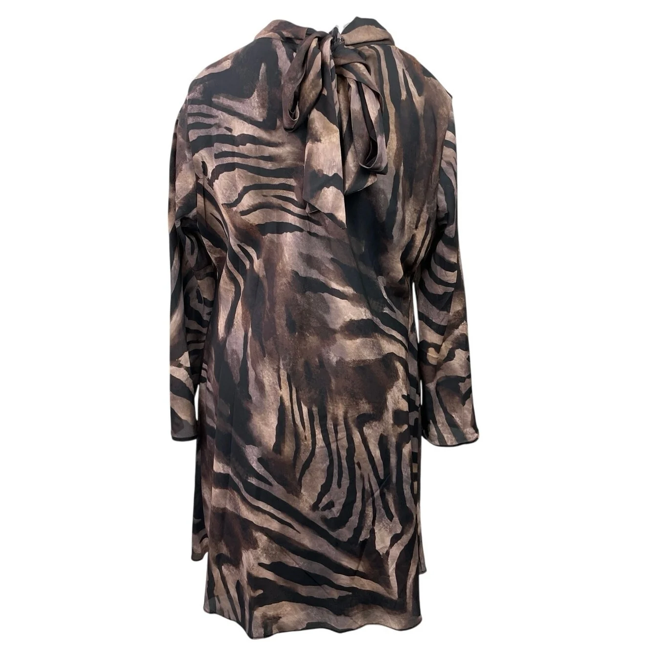 MNG Mango Brown Zebra Silk Satin Back Bow Long Sleeve A Line Mini Dress Size 16 - Image 3
