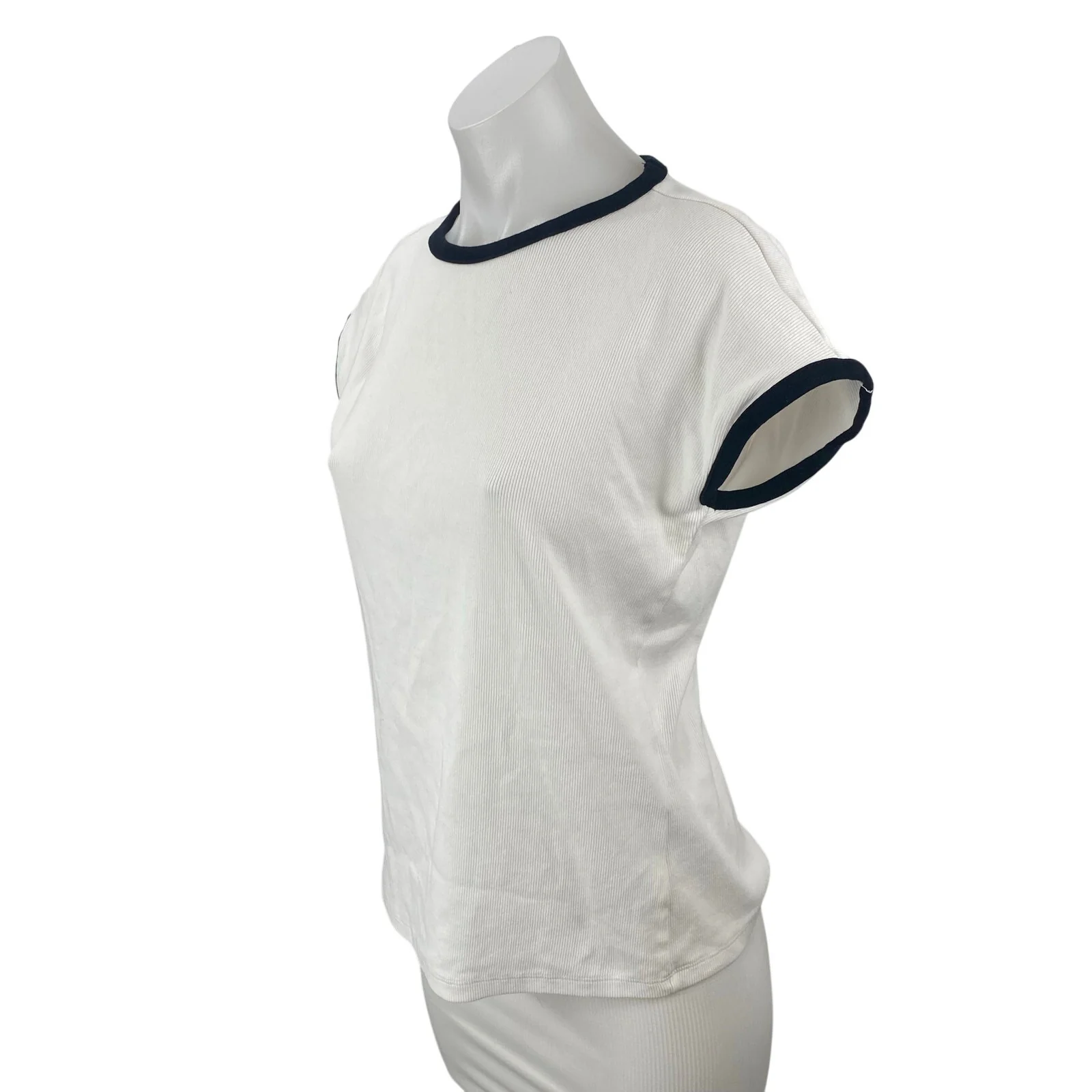 MNG Mango Women's White Short Sleeve Crew Neck Ringer Tee Basic T-Shirt Top Sz M - Image 2
