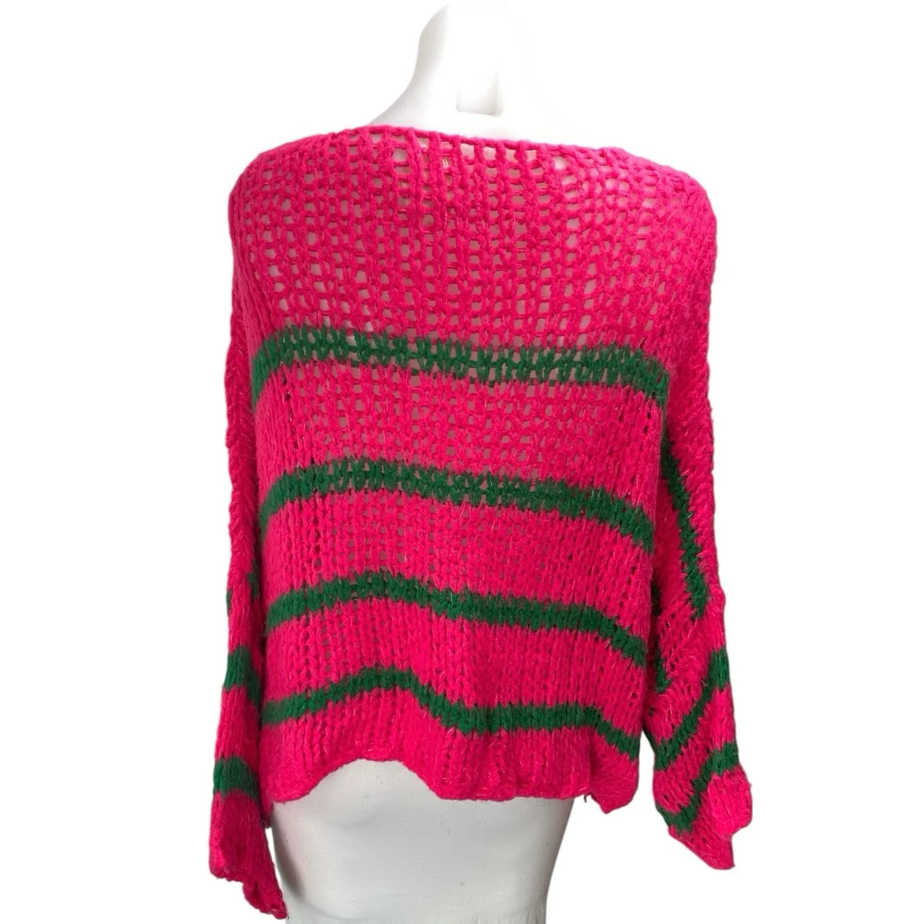 Moment Pink Green Wool Crochet Knit Striped Long Sleeve V Neck Sweater Size S - Image 2
