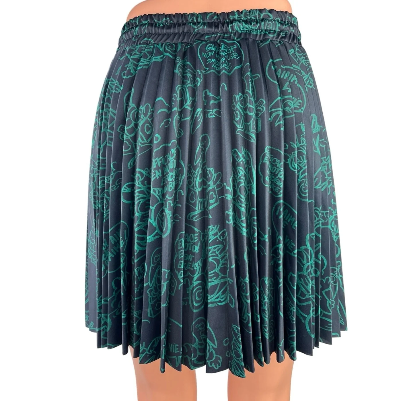 Moncler Green Black Pleated Graphic High Waisted Drawcord A Line Mini Dress M - Image 3
