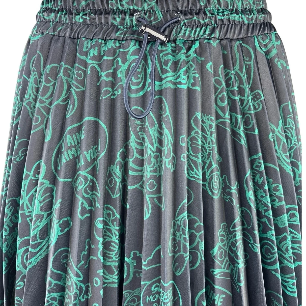 Moncler Green Black Pleated Graphic High Waisted Drawcord A Line Mini Dress M - Image 5