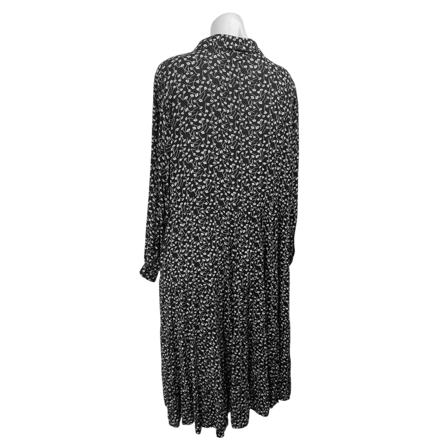 MONKL Black White Floral Long Sleeve Collared Pleated Midi Swing Dress Size XL - Image 2