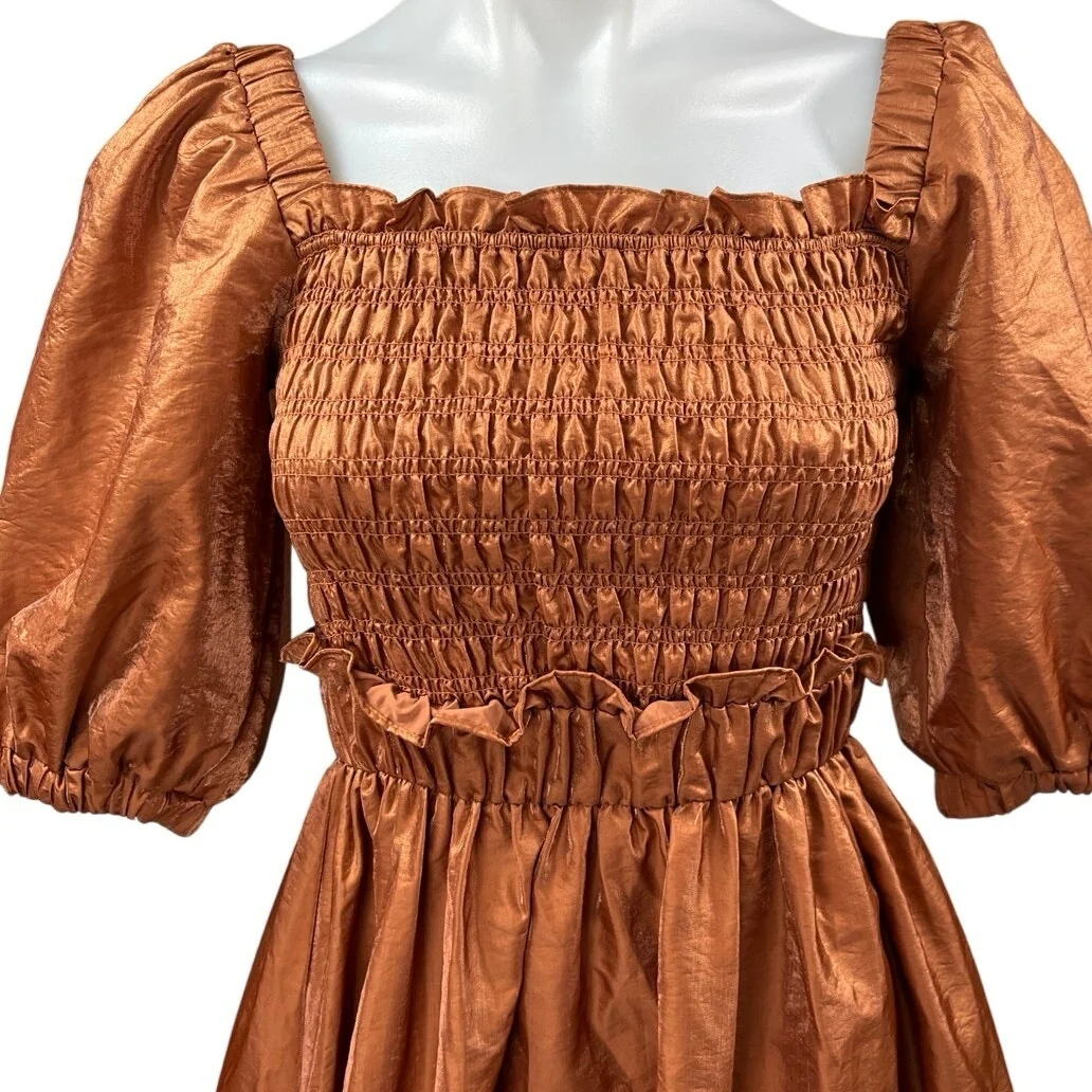 Moon River Brown Silk Satin Short Puff Sleeve Smocked Midi A-Line Dress Size XS - Image 3
