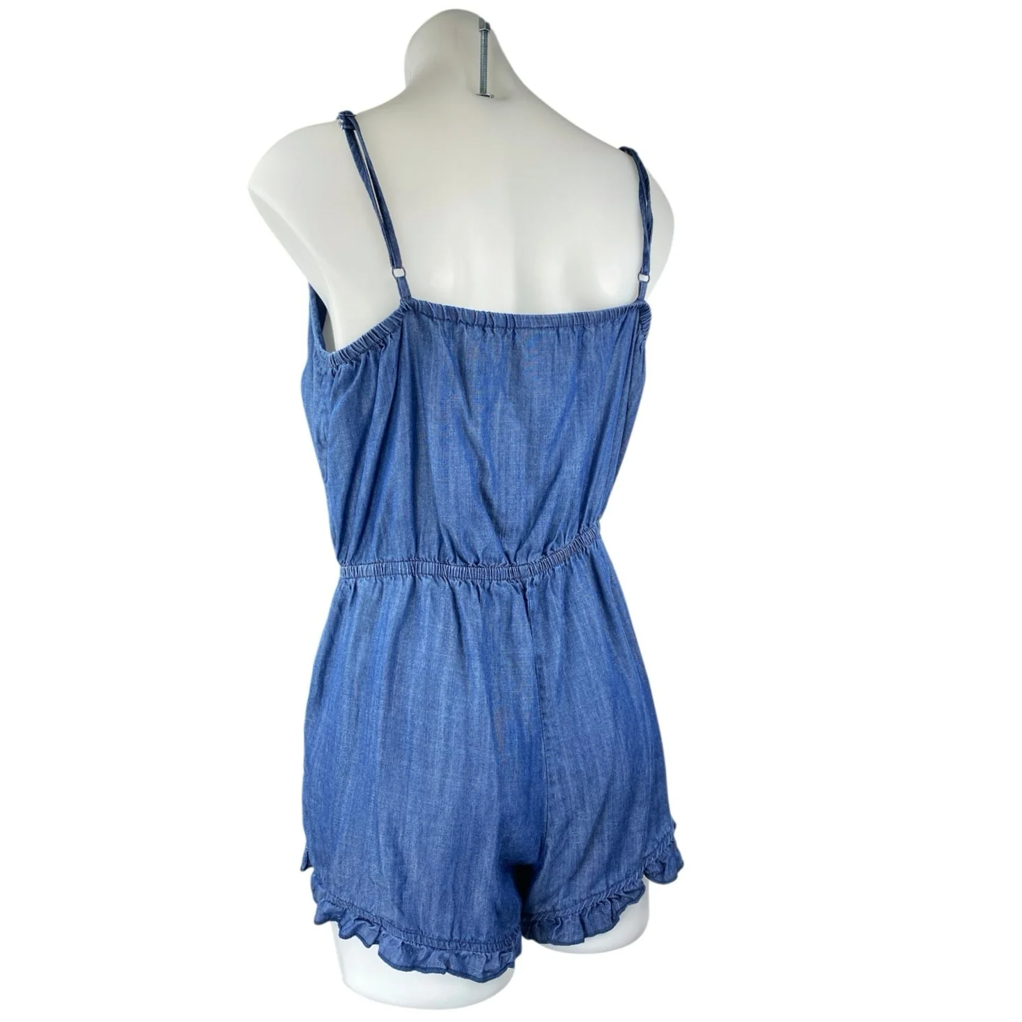 Mossimo Blue Sleeveless Tie Knit Ruffle Chambray Cami Tank Romper Shorts Size S - Image 2