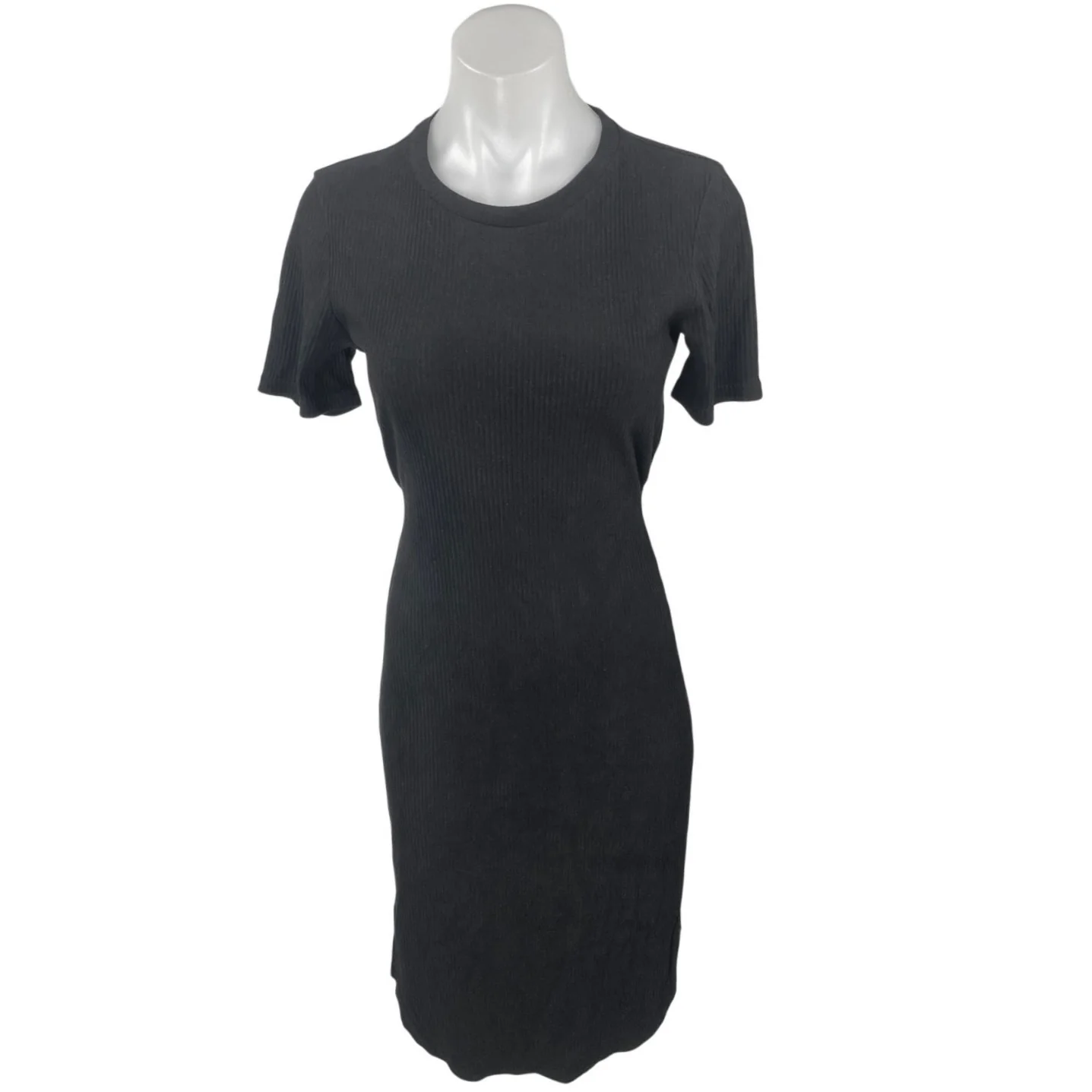 MP|C Black Short Sleeve Ribbed Knit Crew Neck Tie Back Midi Sheath Dress Size S