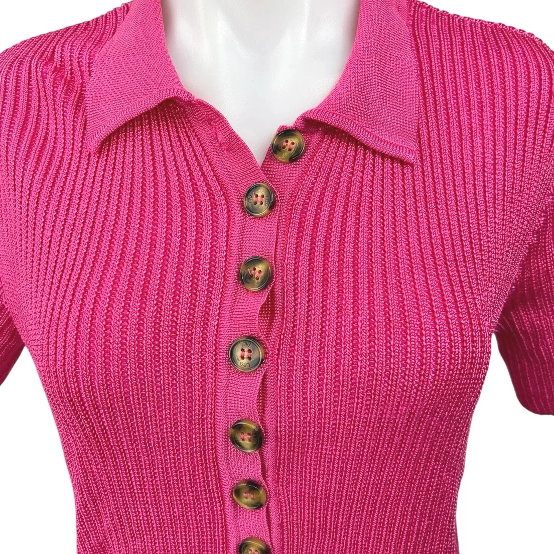 Nati Vozza Pink Ribbed Button Down Short Sleeve Collar Crop Polo Sweater Top M - Image 3
